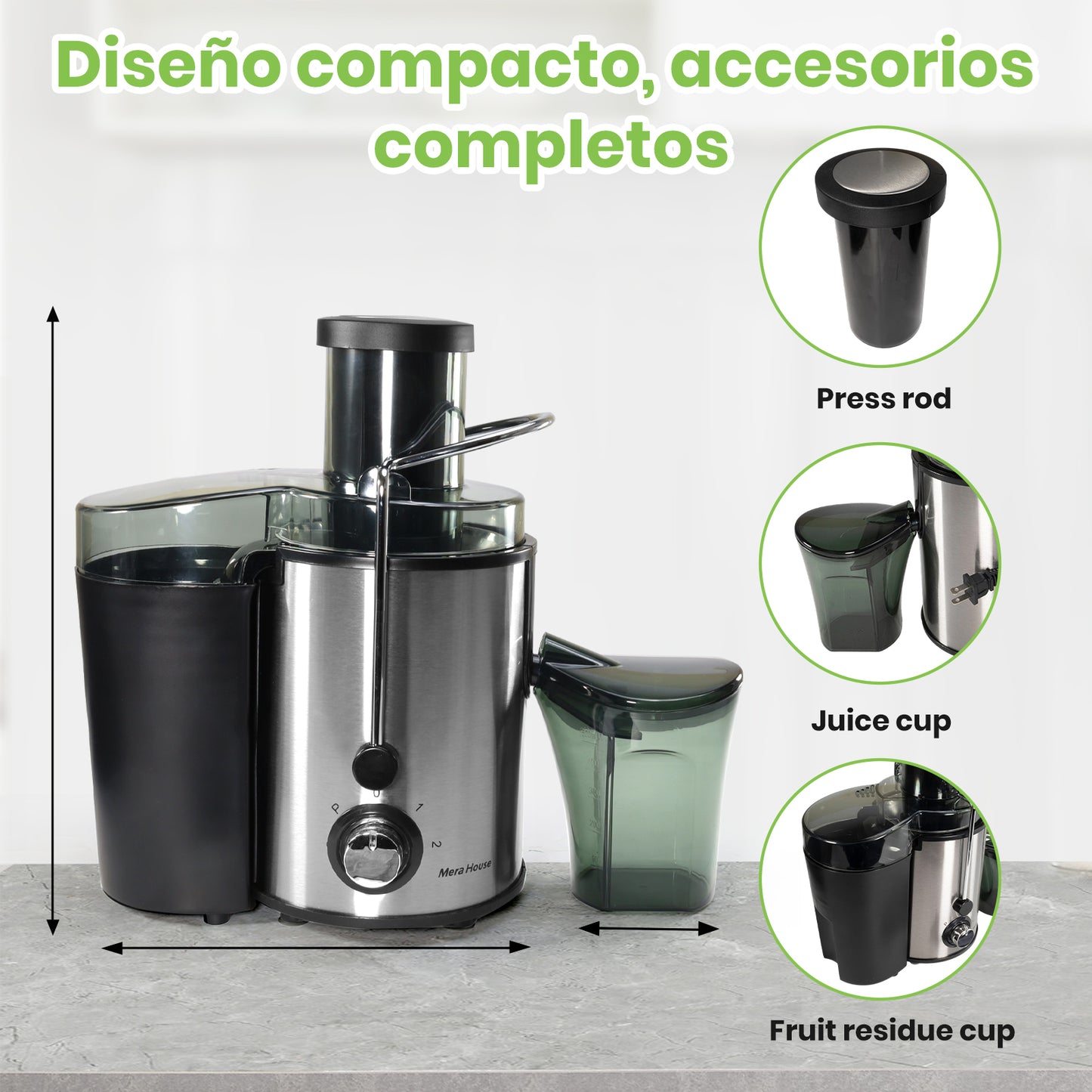Mera House Extractor de Jugo Eléctrico 800W, Exprimidor Centrífugo con 3 Velocidades y Boca de 8cm, Estractor Electrico Jugos Frutas y Verduras, 600ml, Fácil de Limpiar y Desmontar