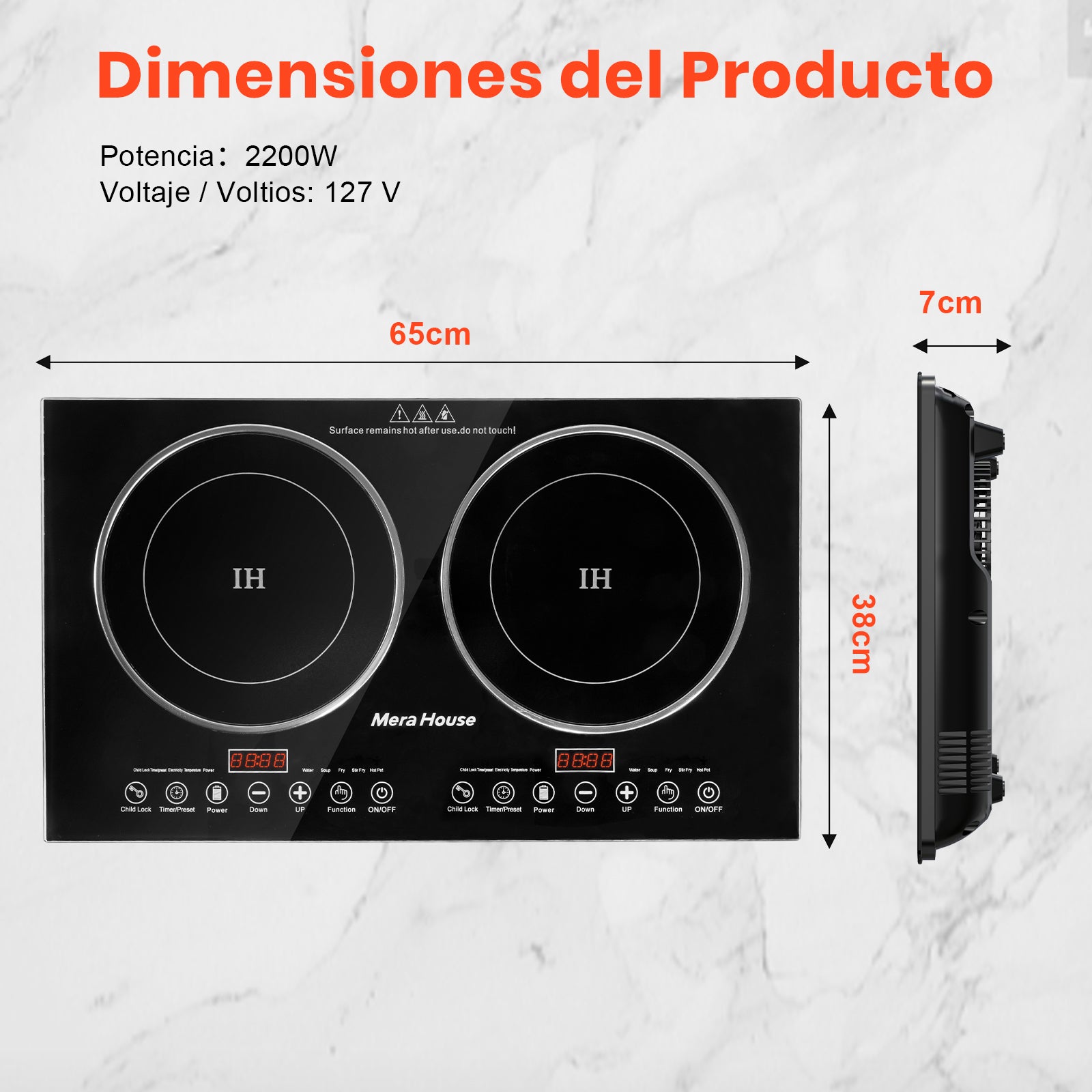 Mera House Parrilla de Inducción 2 Quemadores 2200W, Estufa de Inducción con 10 Niveles + 10 Programas Táctiles, Panel de Vidrio Microcristalino Negro Antiarañazos, Fácil Limpieza