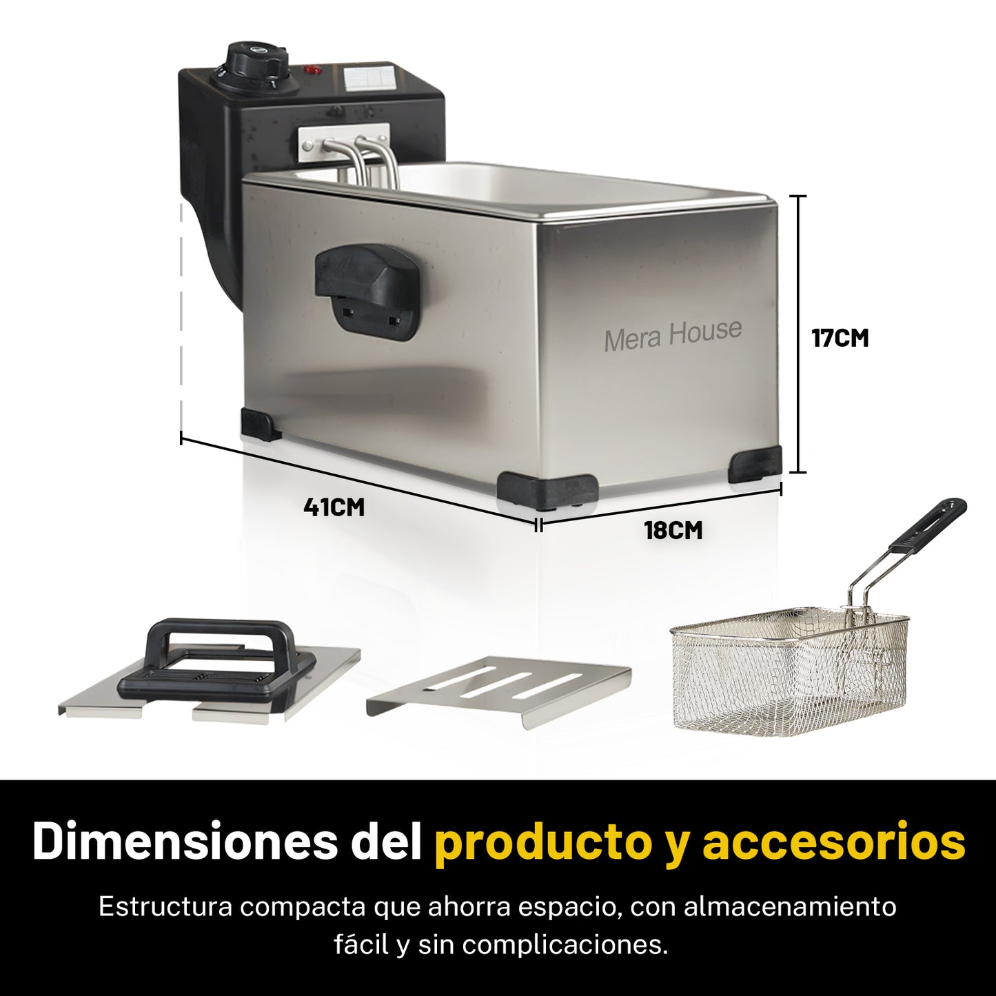 Mera House Freidora de Aceite Eléctrica 3L de Acero Inoxidable, 1400W, con Gran Cesta de Filtro, Temperatura Ajustable 60-200 °C, Freído a Temperatura Constante, Fácil de Limpiar