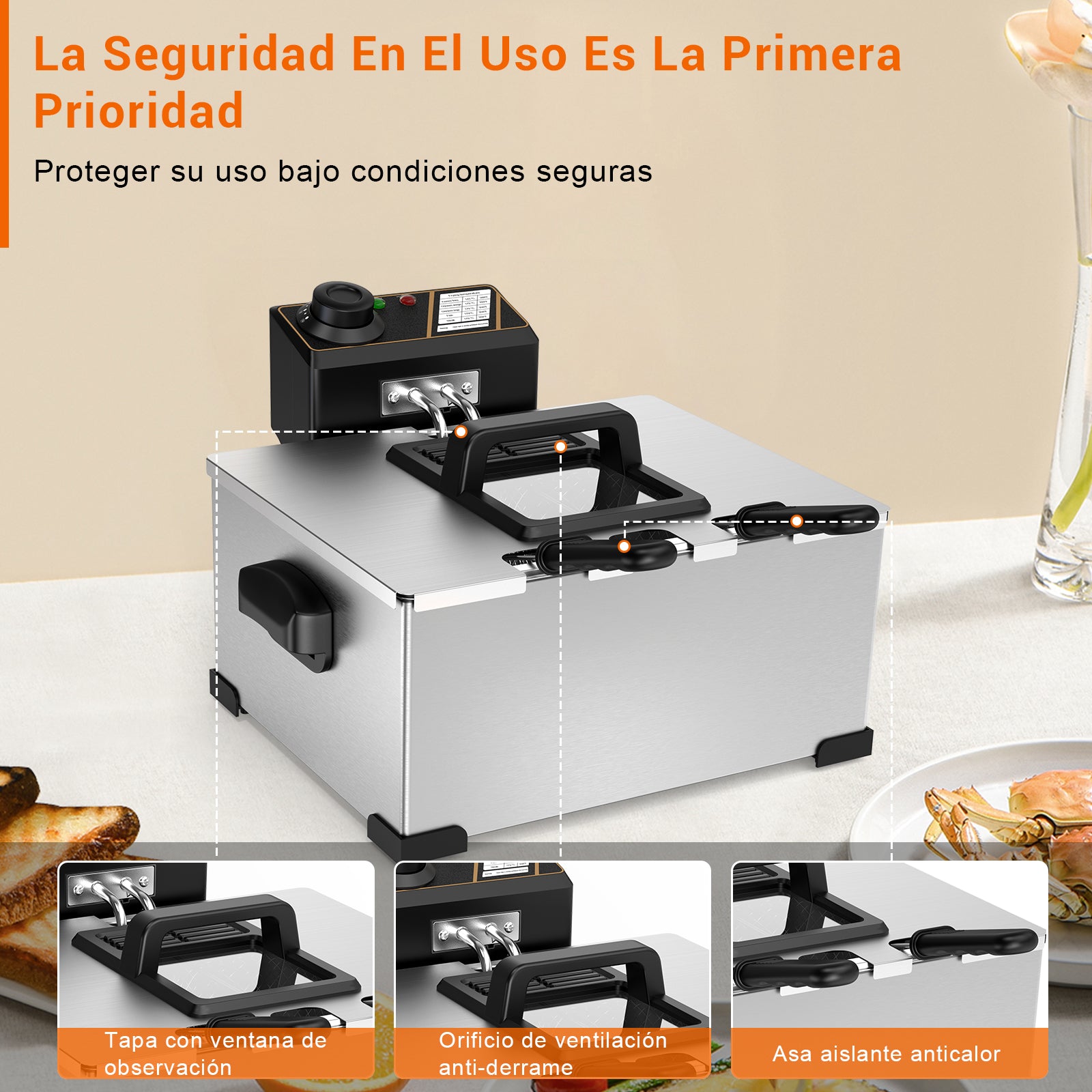 Mera House Freidora Eléctrica 5L 1400W Acero Inoxidable - Temperatura Constante | Incluye Colador y Divisor | Seguridad Antisobrecarga