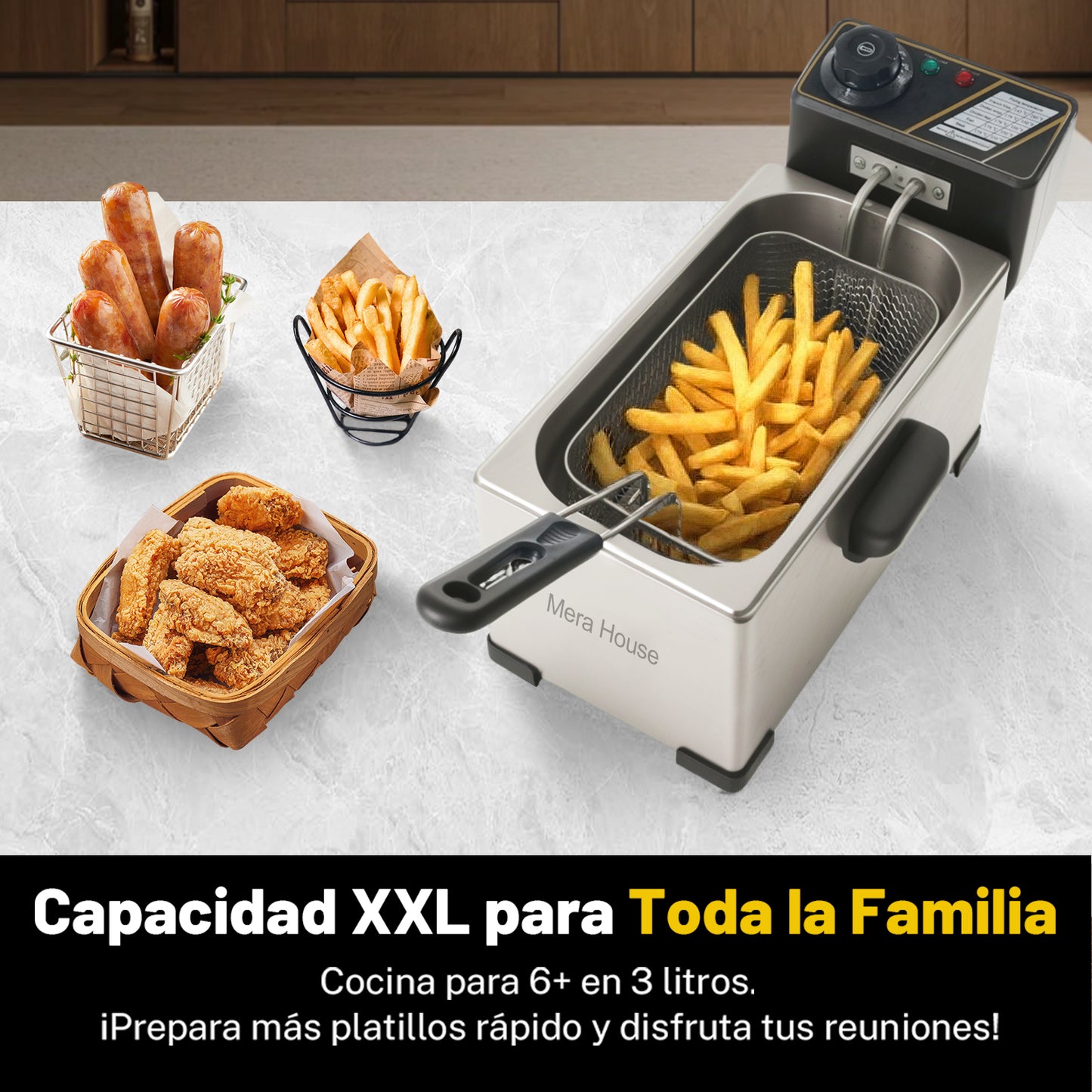 Mera House Freidora de Aceite Eléctrica 3L de Acero Inoxidable, 1400W, con Gran Cesta de Filtro, Temperatura Ajustable 60-200 °C, Freído a Temperatura Constante, Fácil de Limpiar