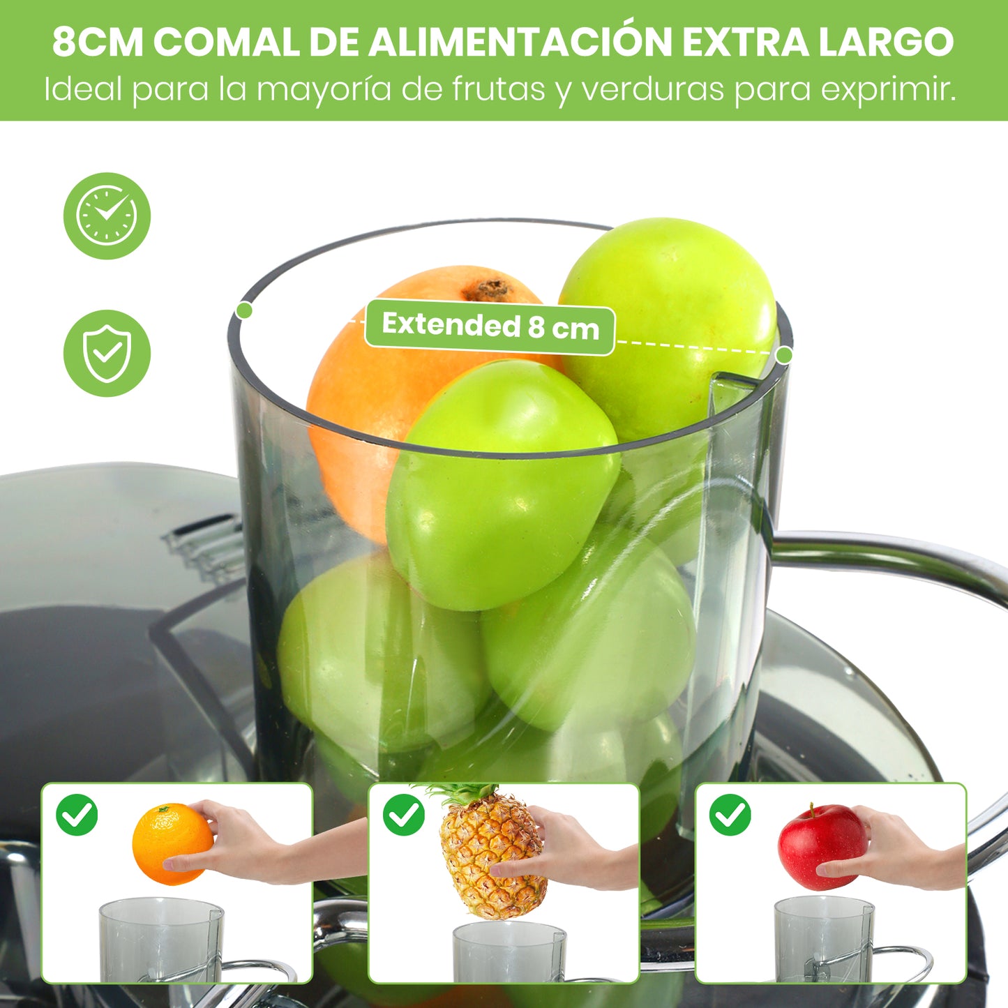 Mera House Extractor de Jugo Eléctrico 800W, Exprimidor Centrífugo con 3 Velocidades y Boca de 8cm, Estractor Electrico Jugos Frutas y Verduras, 600ml, Fácil de Limpiar y Desmontar
