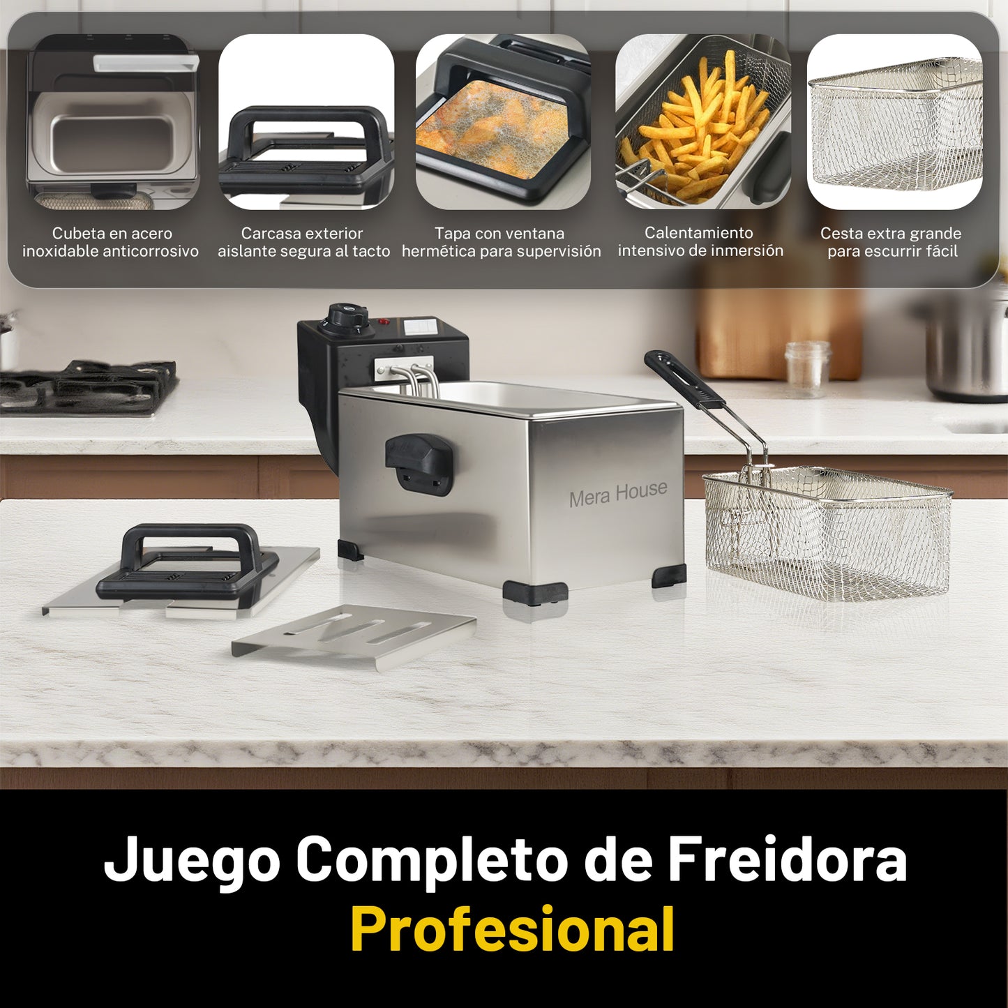 Mera House Freidora de Aceite Eléctrica 3L de Acero Inoxidable, 1400W, con Gran Cesta de Filtro, Temperatura Ajustable 60-200 °C, Freído a Temperatura Constante, Fácil de Limpiar