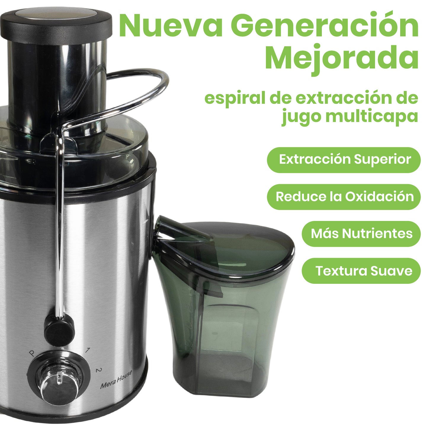 Mera House Extractor de Jugo Eléctrico 800W, Exprimidor Centrífugo con 3 Velocidades y Boca de 8cm, Estractor Electrico Jugos Frutas y Verduras, 600ml, Fácil de Limpiar y Desmontar
