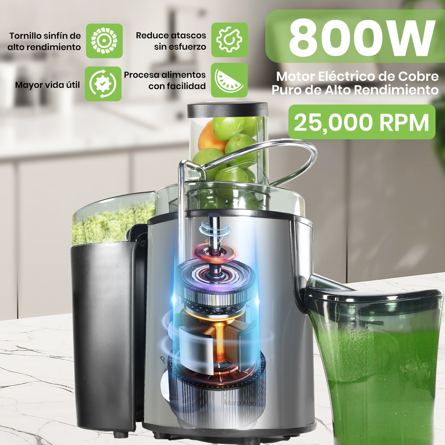 Mera House Extractor de Jugo Eléctrico 800W, Exprimidor Centrífugo con 3 Velocidades y Boca de 8cm, Estractor Electrico Jugos Frutas y Verduras, 600ml, Fácil de Limpiar y Desmontar