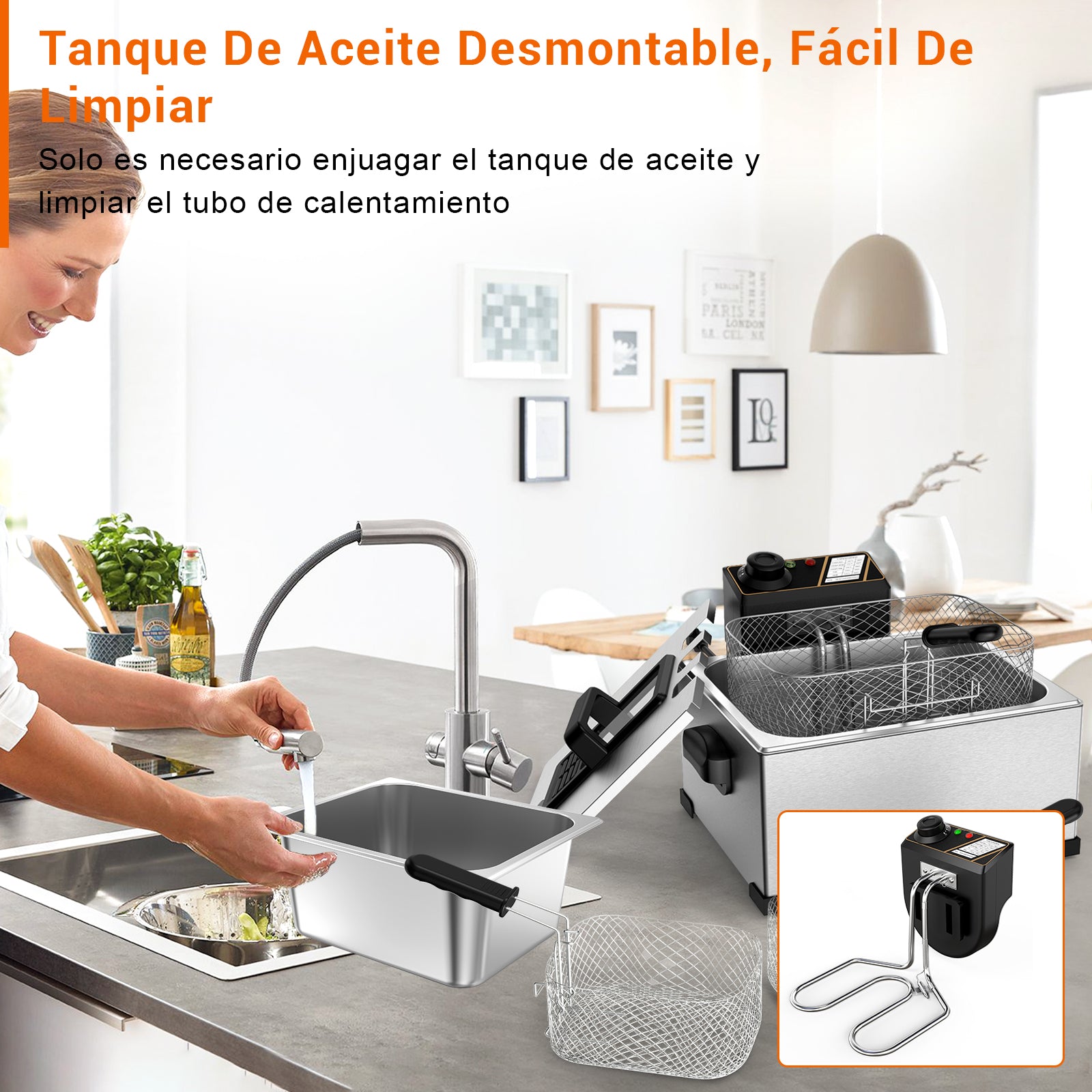 Mera House Freidora Eléctrica 5L 1400W Acero Inoxidable - Temperatura Constante | Incluye Colador y Divisor | Seguridad Antisobrecarga