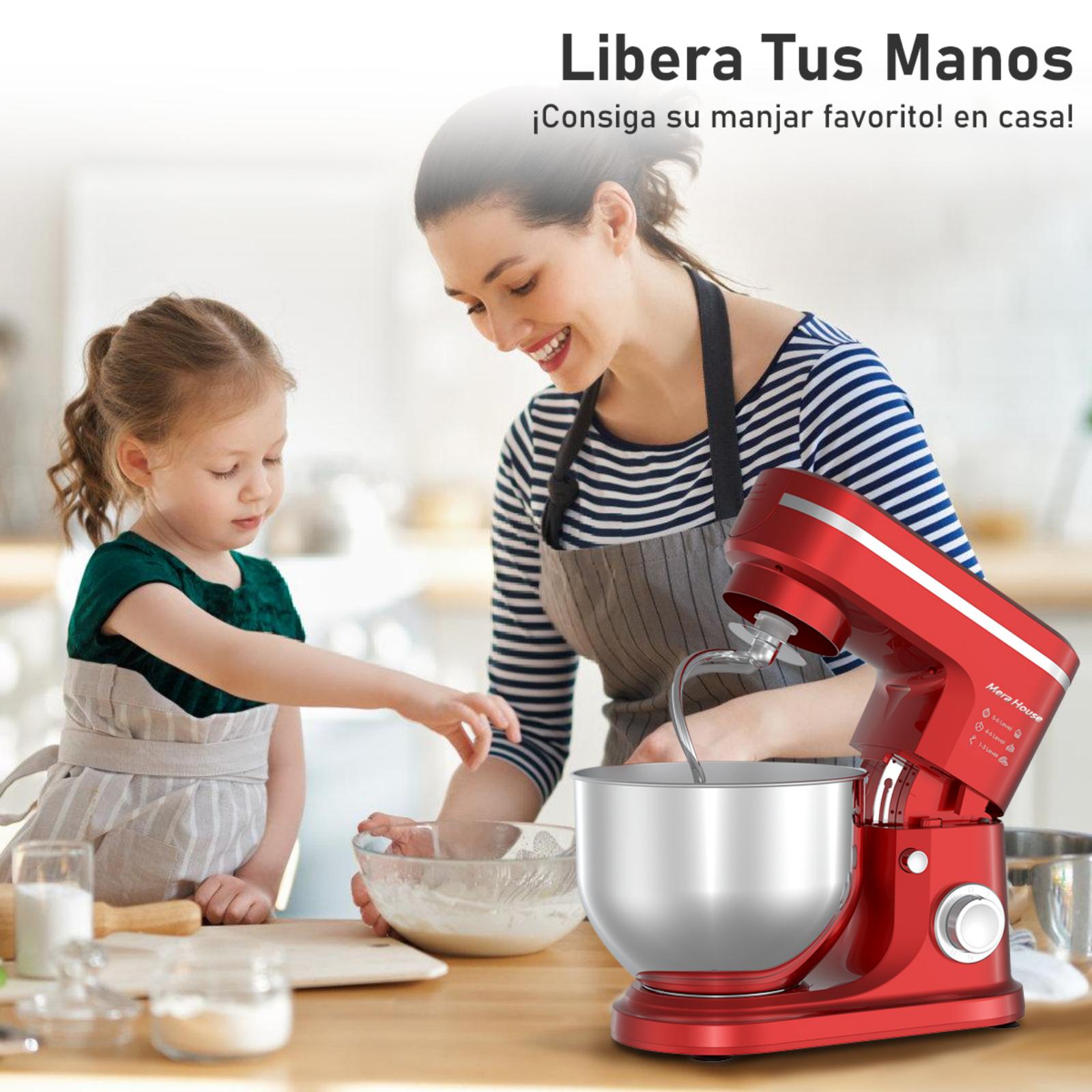 SDYJ6GSW Batidora de Pedestal, rojo,6 Velocidades, 1500W, Turbo, Acero Inoxidable, 5 Litros, 3 Accesorios Incluidos