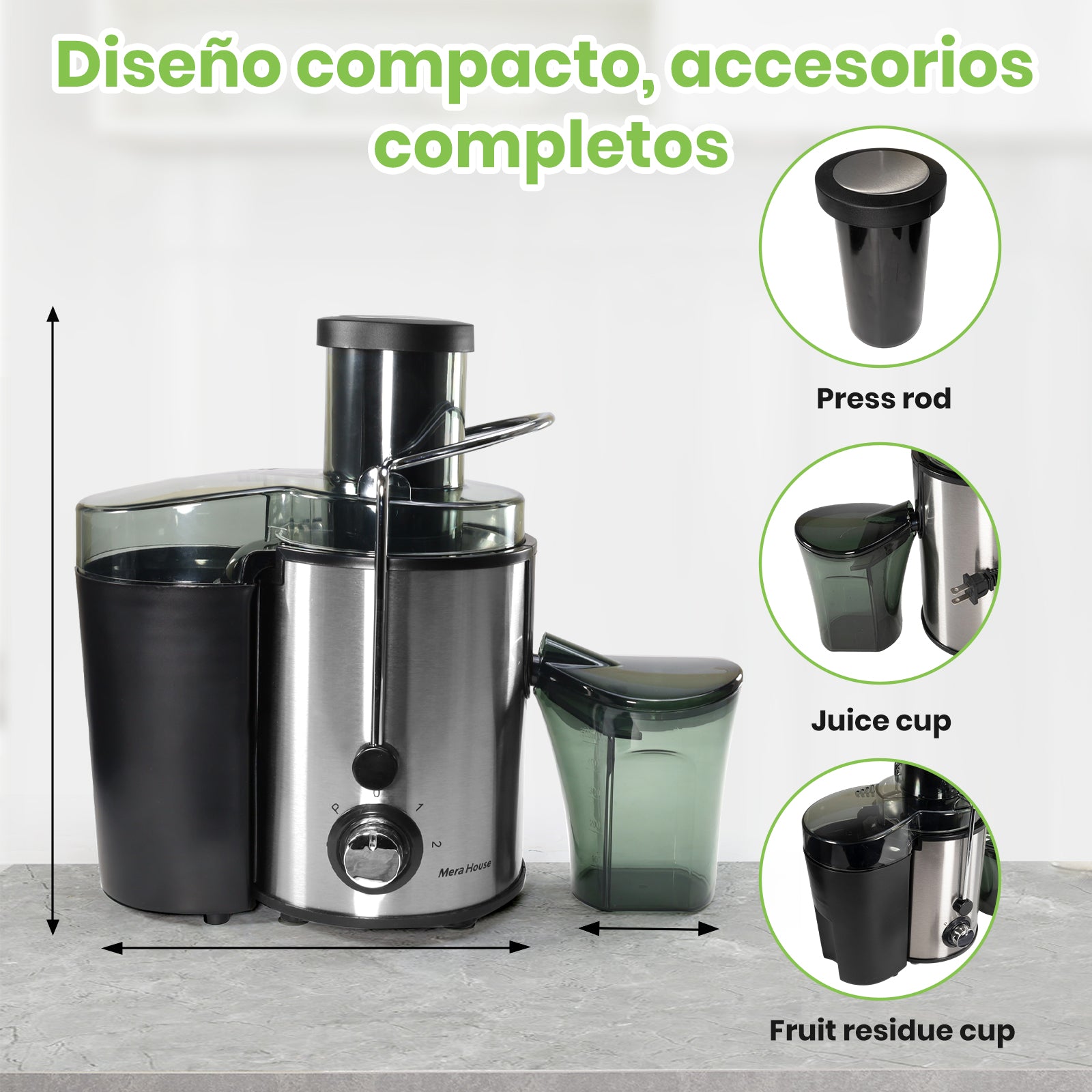 Mera House Extractor de Jugo Eléctrico 800W, Exprimidor Centrífugo con 3 Velocidades y Boca de 8cm, Estractor Electrico Jugos Frutas y Verduras, 600ml, Fácil de Limpiar y Desmontar