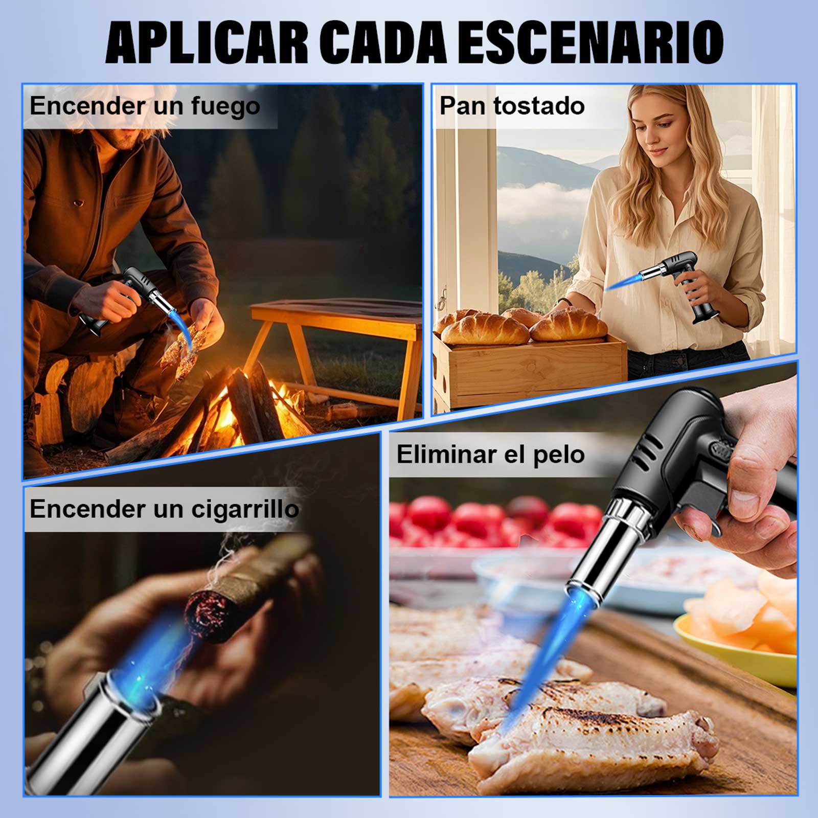 Mera House Soplete de Cocina Profesional Recargable de Gas Butano con Cierre de Seguridad, Llama Ajustable y Bloqueo – Antorcha de Cocina Invertible para Repostería, Barbacoa y Camping (Negro)