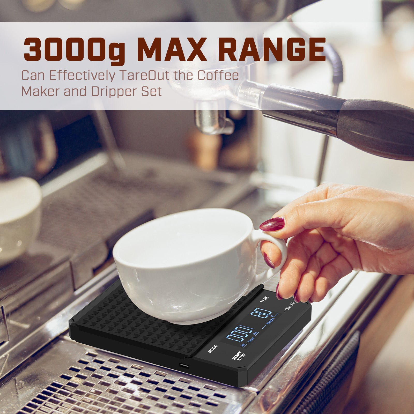 Mera House Báscula de Café Digital, Alta Precisión 3 kg/0,1 g, USB Recargable, Pantalla LED con Temporizador, Unidades g, oz, ml, Báscula para Café, Cocina y Hornear