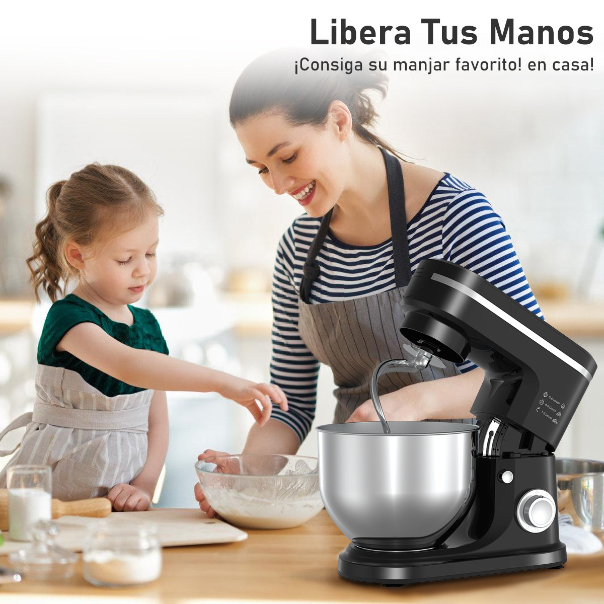 SDYJ6GSW Batidora de Pedestal, negro,6 Velocidades, 1500W, Turbo, Acero Inoxidable, 5 Litros, 3 Accesorios Incluidos