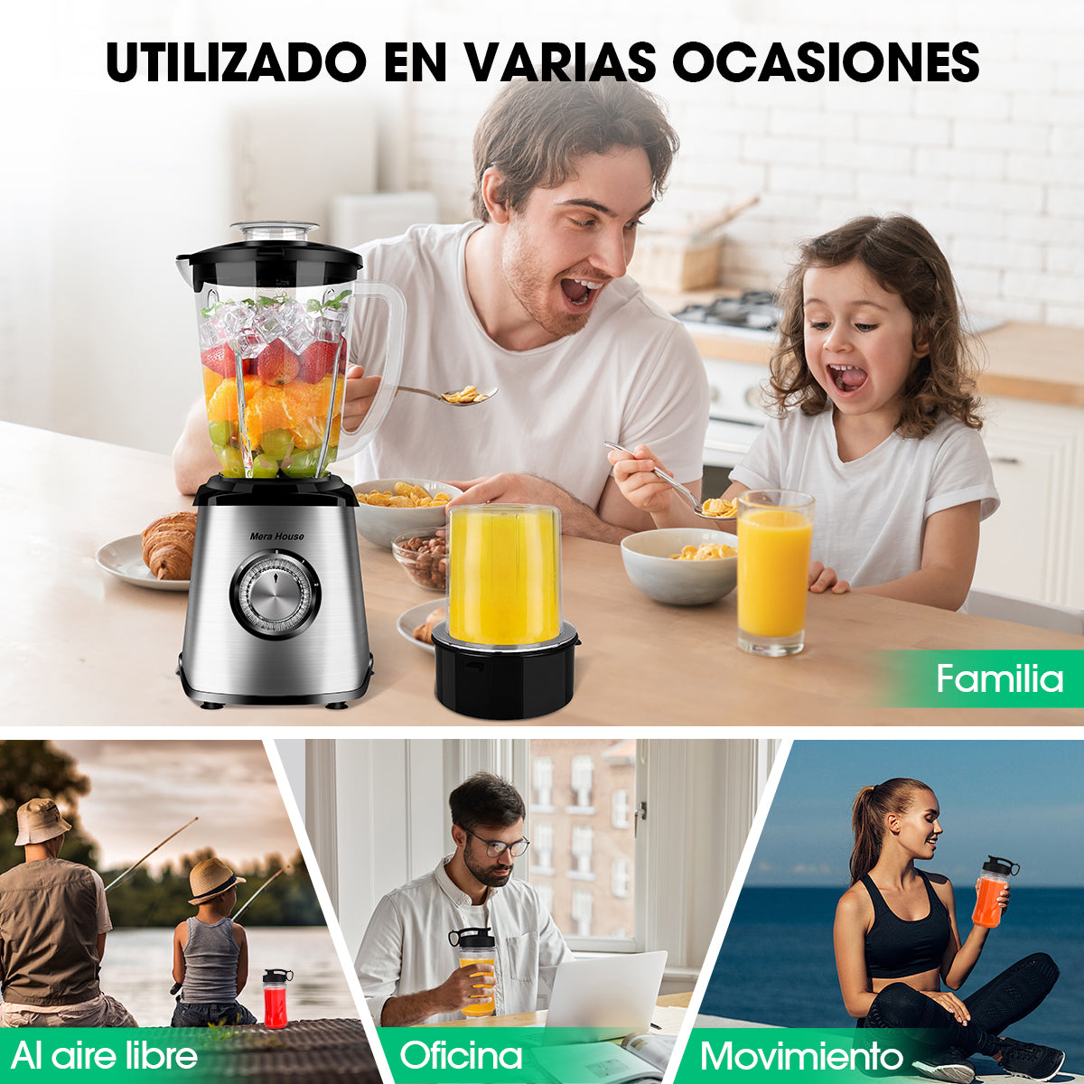 Mera House Licuadora 3 en 1 con vaso de vidrio 2L, 1000W de potencia para licuados y hielo, 3 velocidades, incluye vaso portátil y molino, un electrodoméstico pequeño ideal para tu cocina