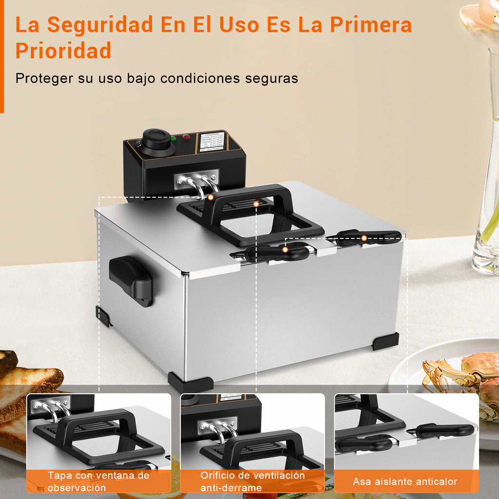 Mera House Freidora Eléctrica 5L 1400W Acero Inoxidable - Temperatura Constante | Incluye Colador y Divisor | Seguridad Antisobrecarga
