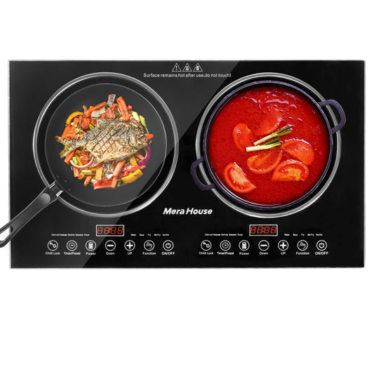 Mera House Parrilla de Inducción 2 Quemadores 2200W, Estufa de Inducción con 10 Niveles + 10 Programas Táctiles, Panel de Vidrio Microcristalino Negro Antiarañazos, Fácil Limpieza