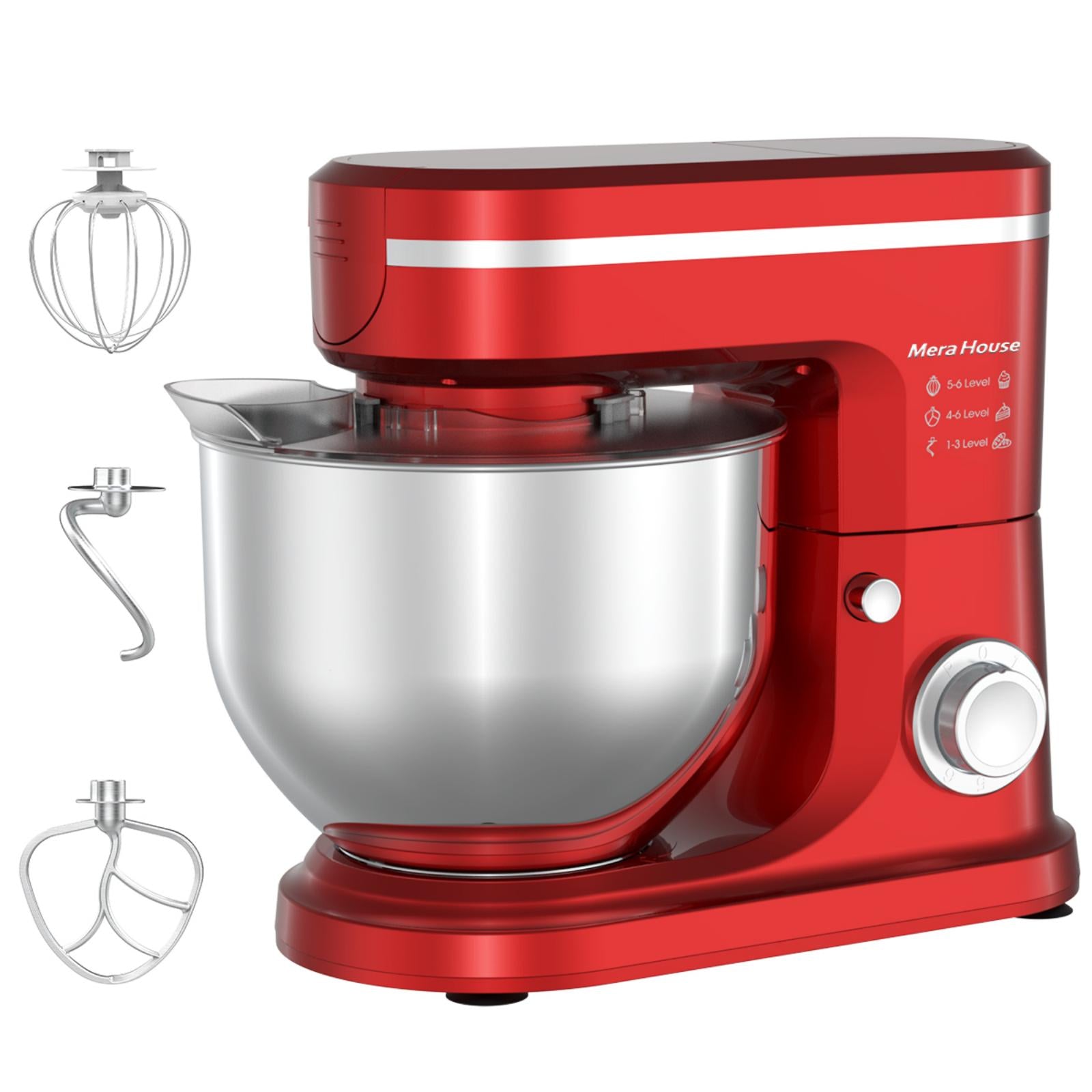 SDYJ6GSW Batidora de Pedestal, rojo,6 Velocidades, 1500W, Turbo, Acero Inoxidable, 5 Litros, 3 Accesorios Incluidos