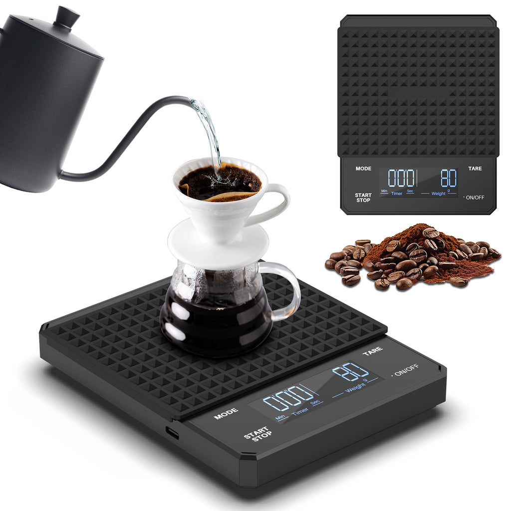 Mera House Báscula de Café Digital, Alta Precisión 3 kg/0,1 g, USB Recargable, Pantalla LED con Temporizador, Unidades g, oz, ml, Báscula para Café, Cocina y Hornear
