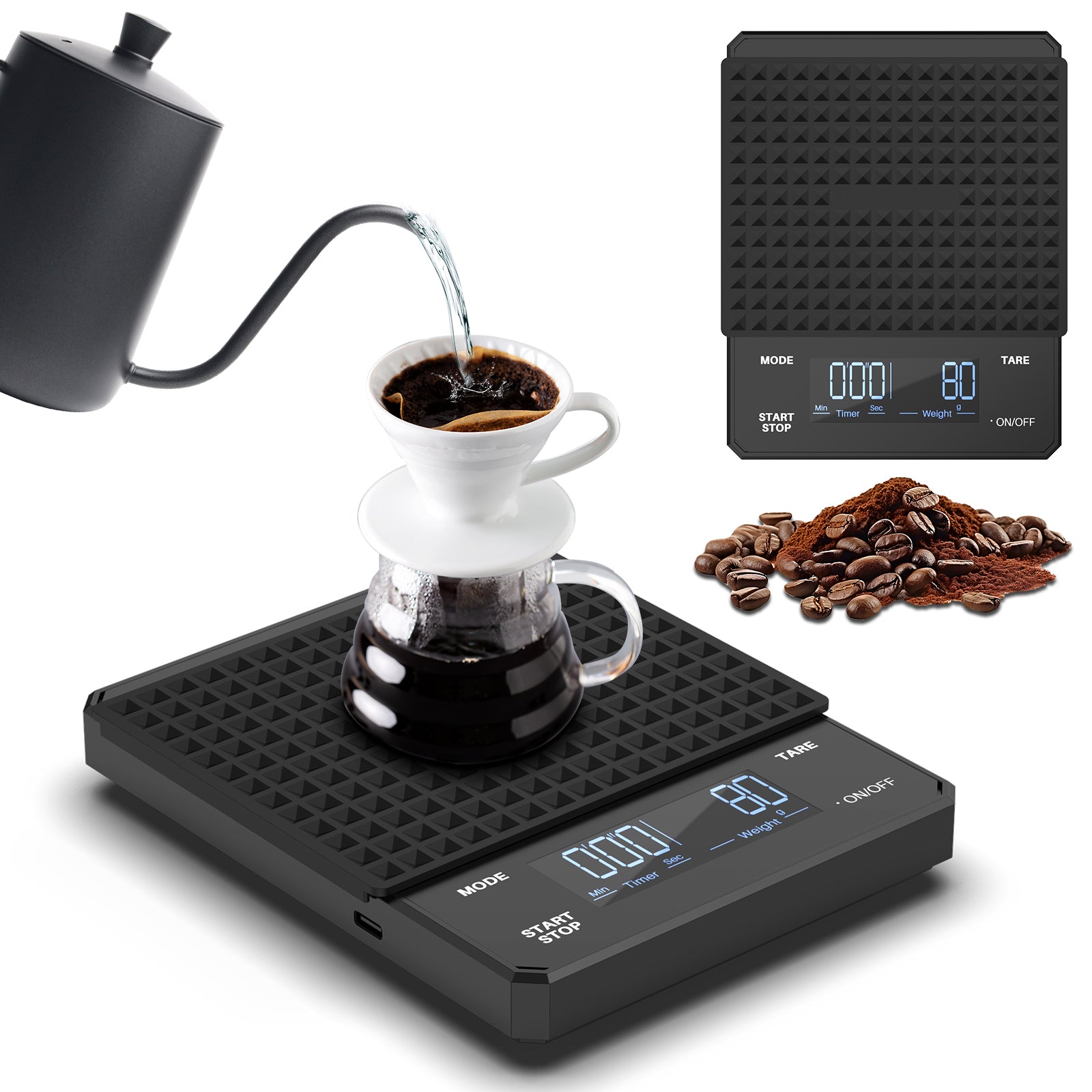 Mera House Báscula de Café Digital, Alta Precisión 3 kg/0,1 g, USB Recargable, Pantalla LED con Temporizador, Unidades g, oz, ml, Báscula para Café, Cocina y Hornear