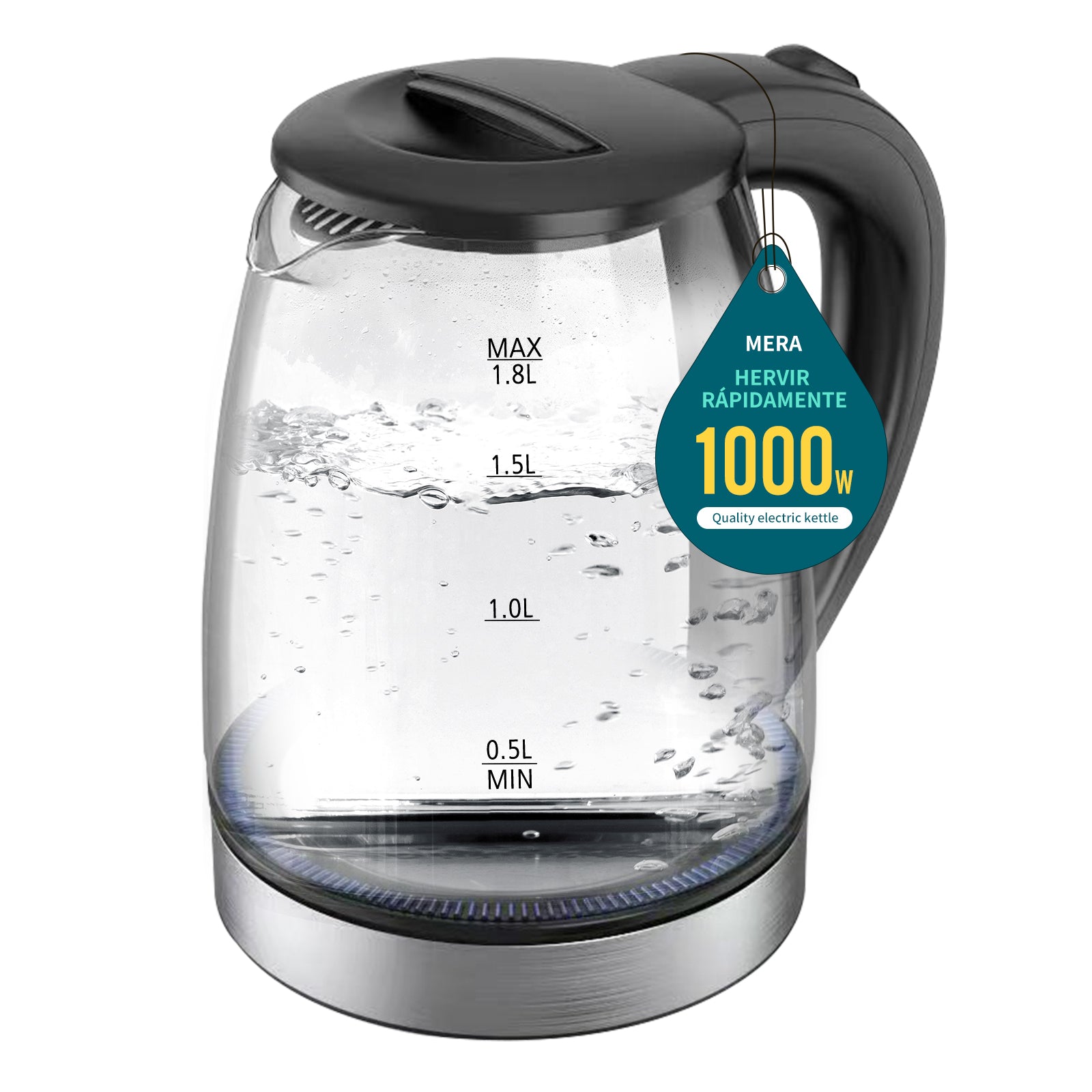 Tetera Eléctrica de Vidrio Mera House 1.8L 1000W con Luz LED, Apagado Automático y Protección Hervido Seco, Ideal para Té, Café, Sopas y Más
