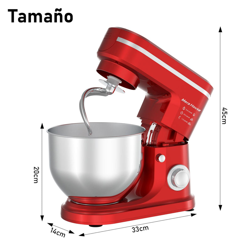 SDYJ6GSW Batidora de Pedestal, rojo,6 Velocidades, 1500W, Turbo, Acero Inoxidable, 5 Litros, 3 Accesorios Incluidos
