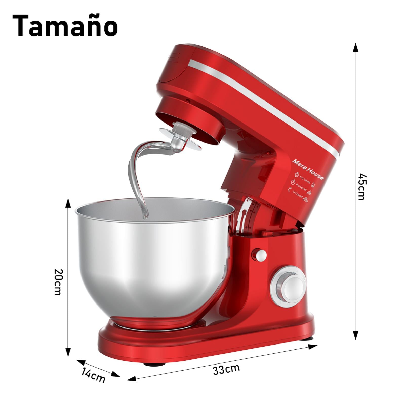 SDYJ6GSW Batidora de Pedestal, rojo,6 Velocidades, 1500W, Turbo, Acero Inoxidable, 5 Litros, 3 Accesorios Incluidos