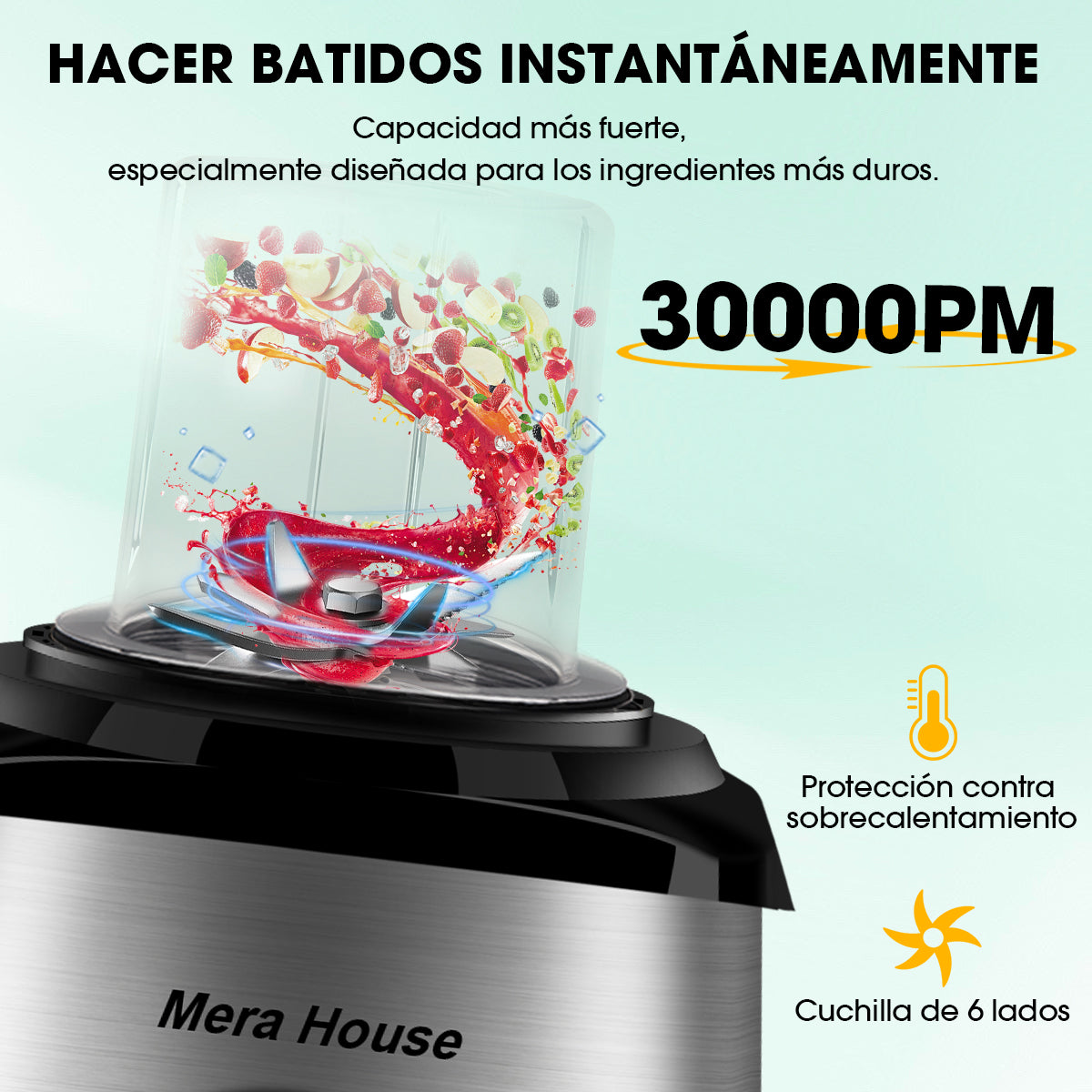 Mera House Licuadora 3 en 1 con vaso de vidrio 2L, 1000W de potencia para licuados y hielo, 3 velocidades, incluye vaso portátil y molino, un electrodoméstico pequeño ideal para tu cocina