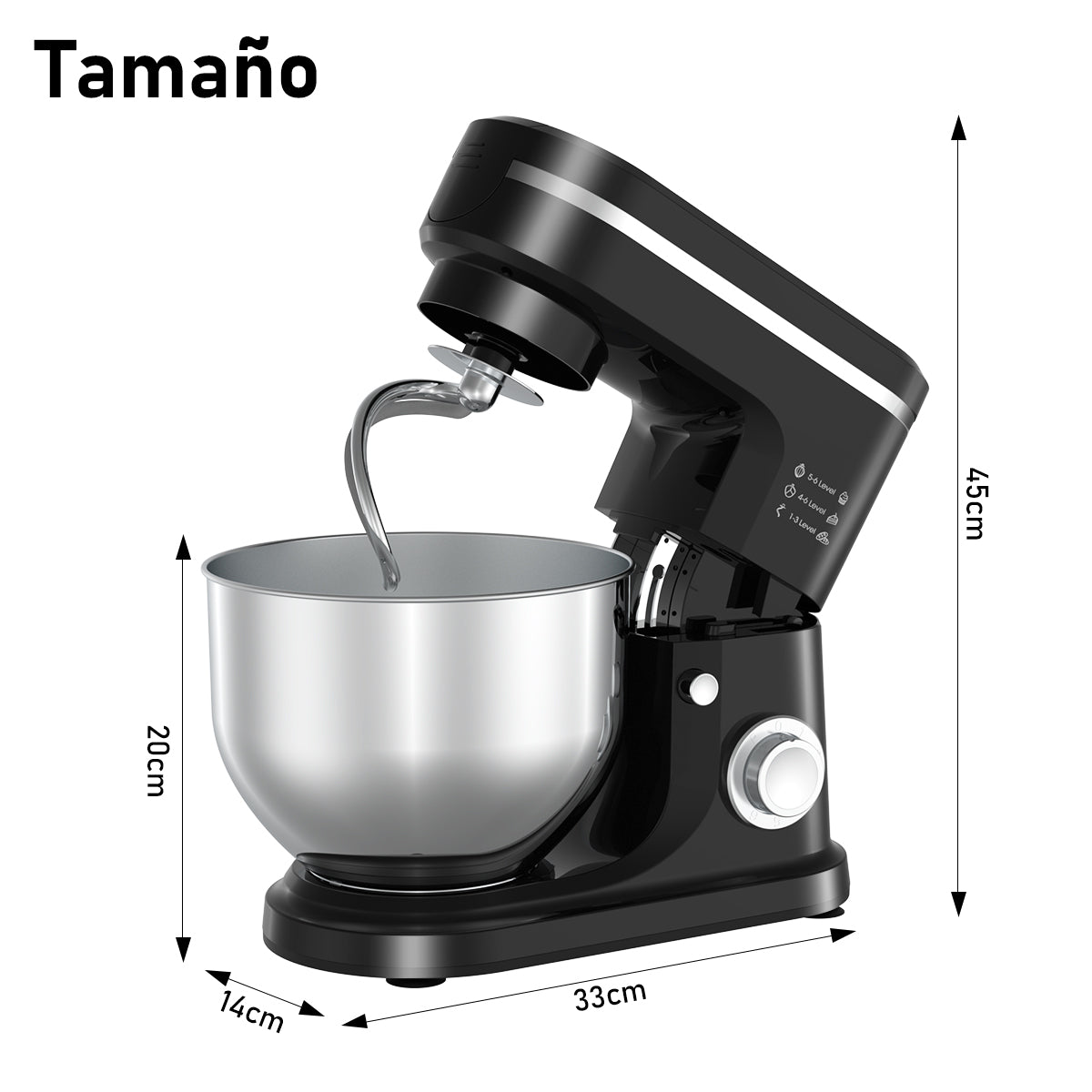 SDYJ6GSW Batidora de Pedestal, negro,6 Velocidades, 1500W, Turbo, Acero Inoxidable, 5 Litros, 3 Accesorios Incluidos