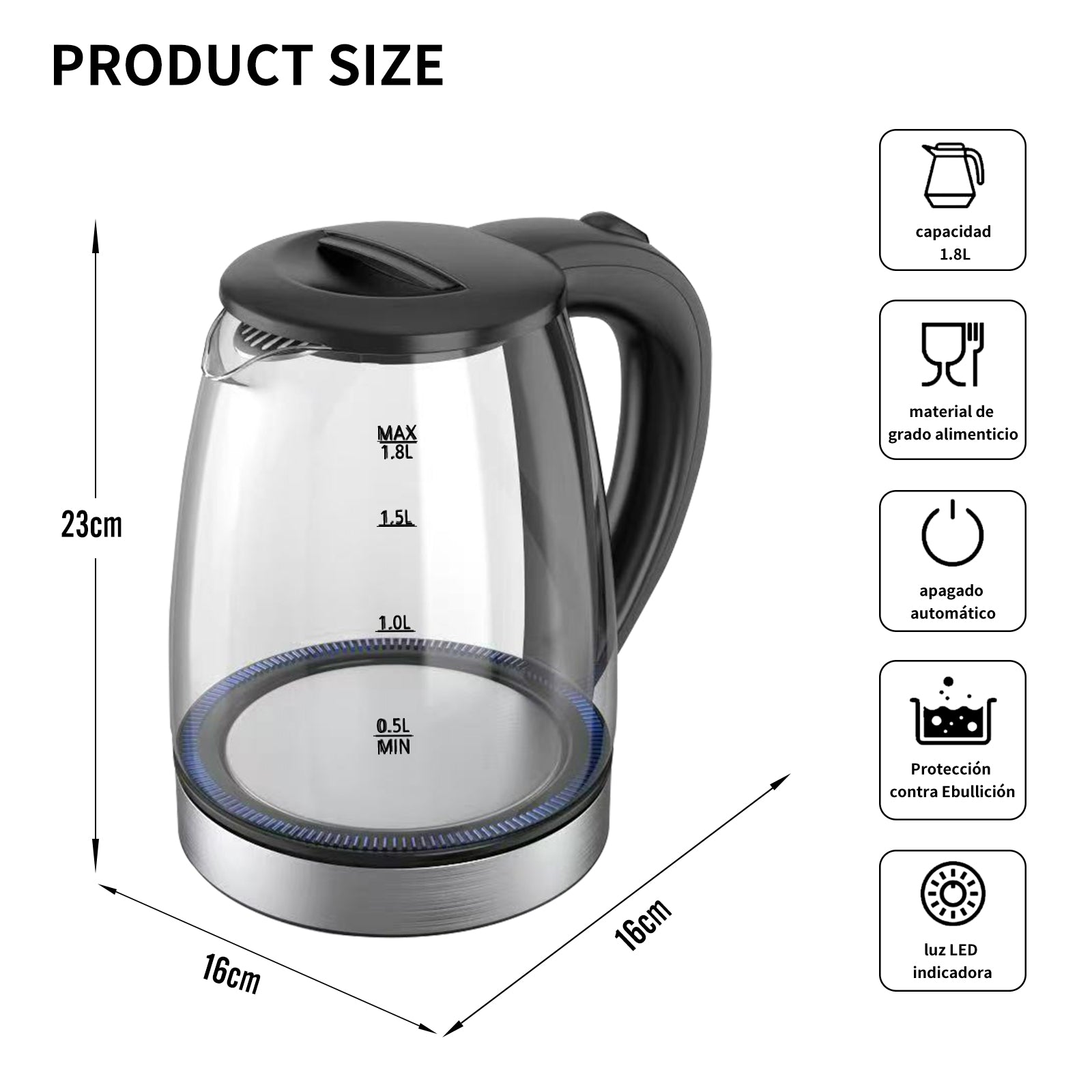 Tetera Eléctrica de Vidrio Mera House 1.8L 1000W con Luz LED, Apagado Automático y Protección Hervido Seco, Ideal para Té, Café, Sopas y Más