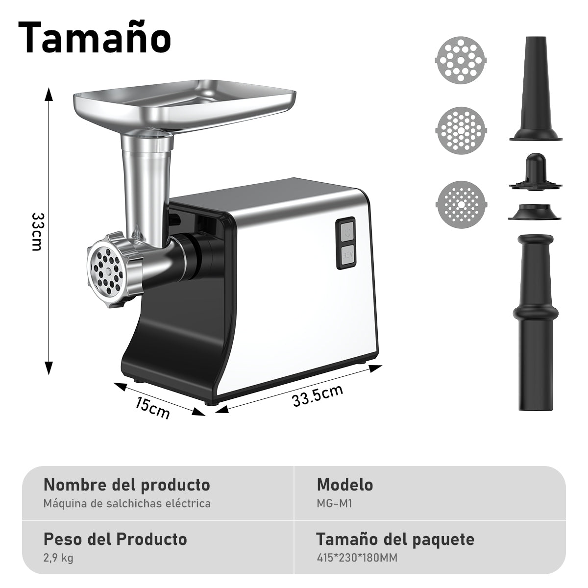 Molino de carne eléctrico 800W, moledor de carne con 3 placas de corte, kit de salchichas, carcasa de acero inoxidable, motor de cobre duradero, picadora de alimentos profesional para cocina doméstica