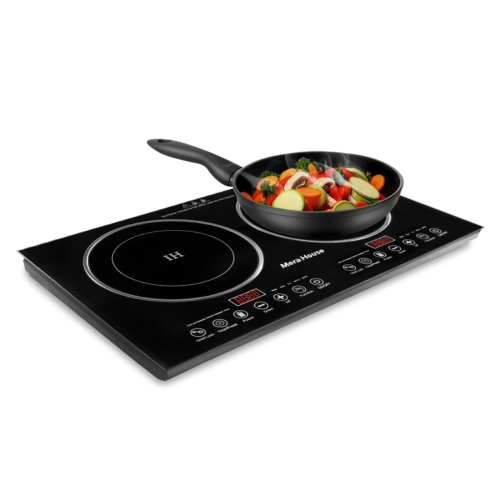 Mera House Parrilla de Inducción 2 Quemadores 2200W, Estufa de Inducción con 10 Niveles + 10 Programas Táctiles, Panel de Vidrio Microcristalino Negro Antiarañazos, Fácil Limpieza