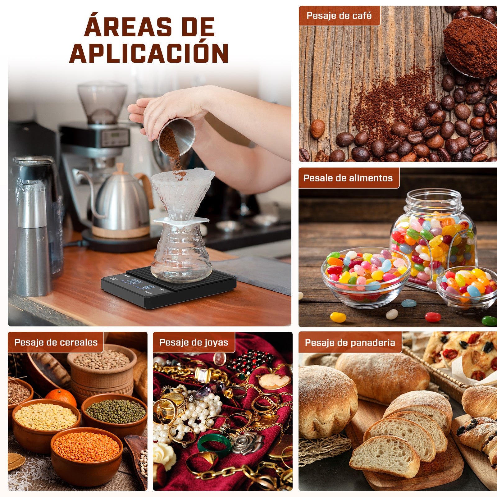 Mera House Báscula de Café Digital, Alta Precisión 3 kg/0,1 g, USB Recargable, Pantalla LED con Temporizador, Unidades g, oz, ml, Báscula para Café, Cocina y Hornear