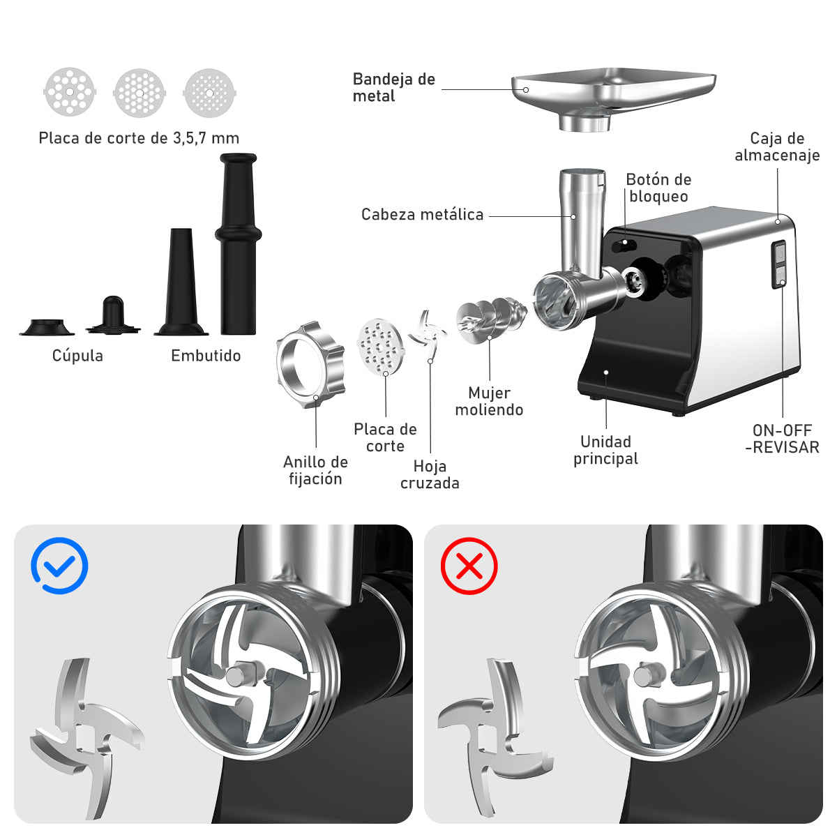 Molino de carne eléctrico 800W, moledor de carne con 3 placas de corte, kit de salchichas, carcasa de acero inoxidable, motor de cobre duradero, picadora de alimentos profesional para cocina doméstica