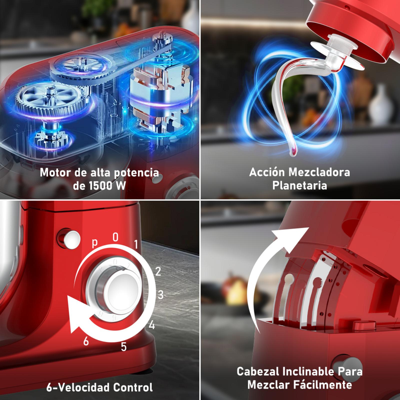 SDYJ6GSW Batidora de Pedestal, rojo,6 Velocidades, 1500W, Turbo, Acero Inoxidable, 5 Litros, 3 Accesorios Incluidos