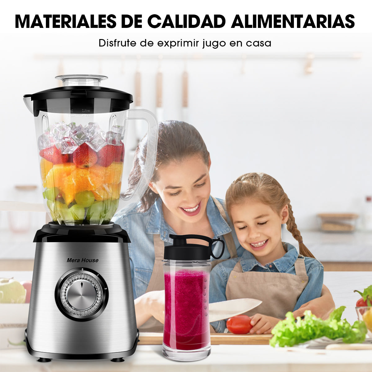 Mera House Licuadora 3 en 1 con vaso de vidrio 2L, 1000W de potencia para licuados y hielo, 3 velocidades, incluye vaso portátil y molino, un electrodoméstico pequeño ideal para tu cocina