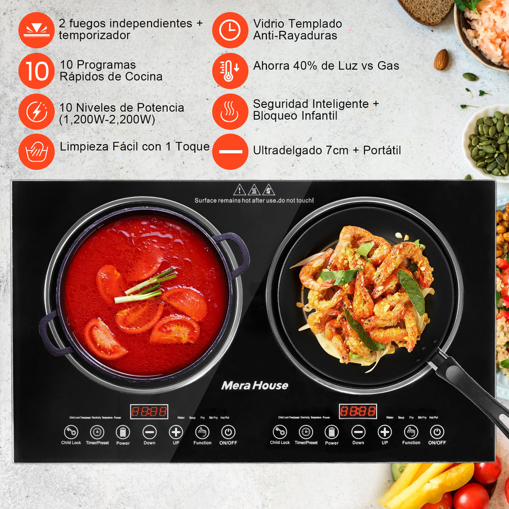 Mera House Parrilla de Inducción 2 Quemadores 2200W, Estufa de Inducción con 10 Niveles + 10 Programas Táctiles, Panel de Vidrio Microcristalino Negro Antiarañazos, Fácil Limpieza