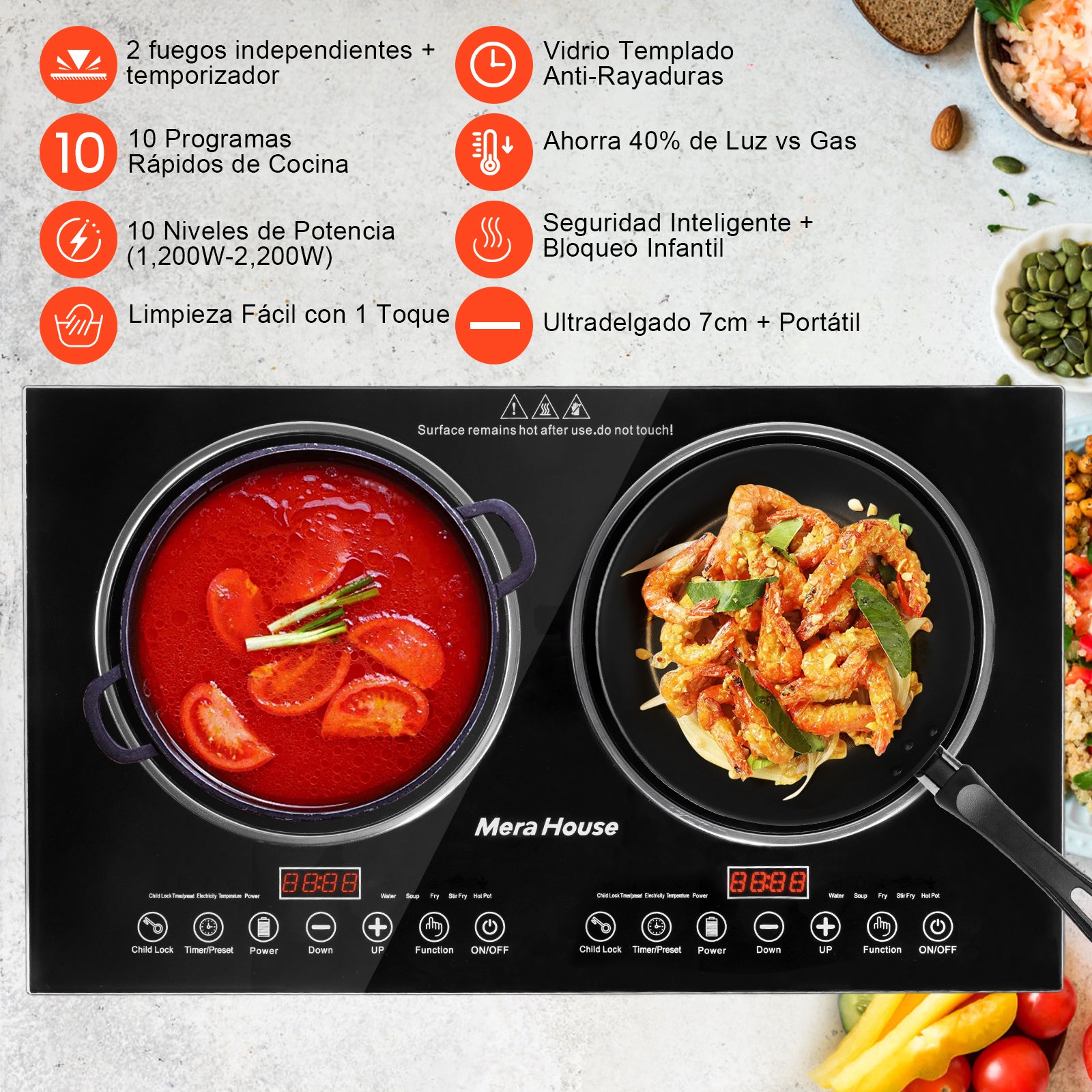 Mera House Parrilla de Inducción 2 Quemadores 2200W, Estufa de Inducción con 10 Niveles + 10 Programas Táctiles, Panel de Vidrio Microcristalino Negro Antiarañazos, Fácil Limpieza