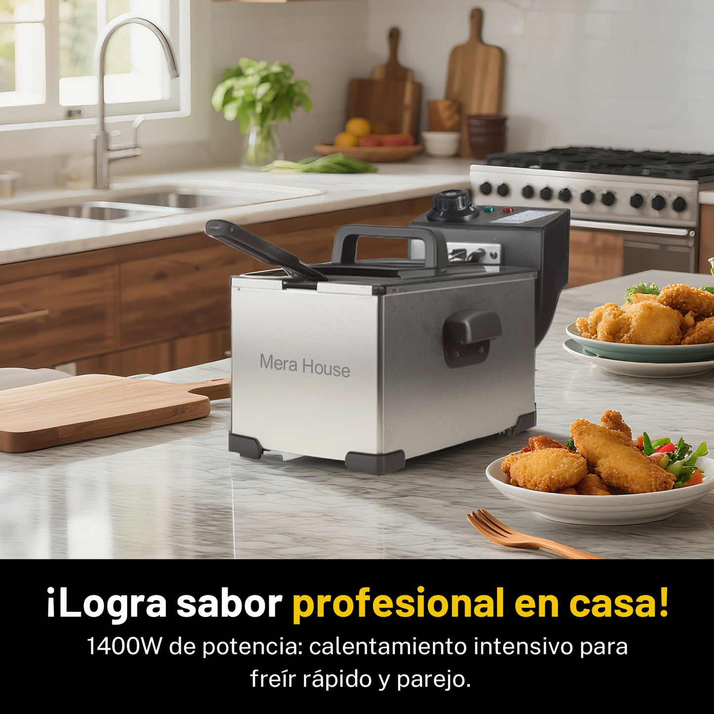 Mera House Freidora de Aceite Eléctrica 3L de Acero Inoxidable, 1400W, con Gran Cesta de Filtro, Temperatura Ajustable 60-200 °C, Freído a Temperatura Constante, Fácil de Limpiar