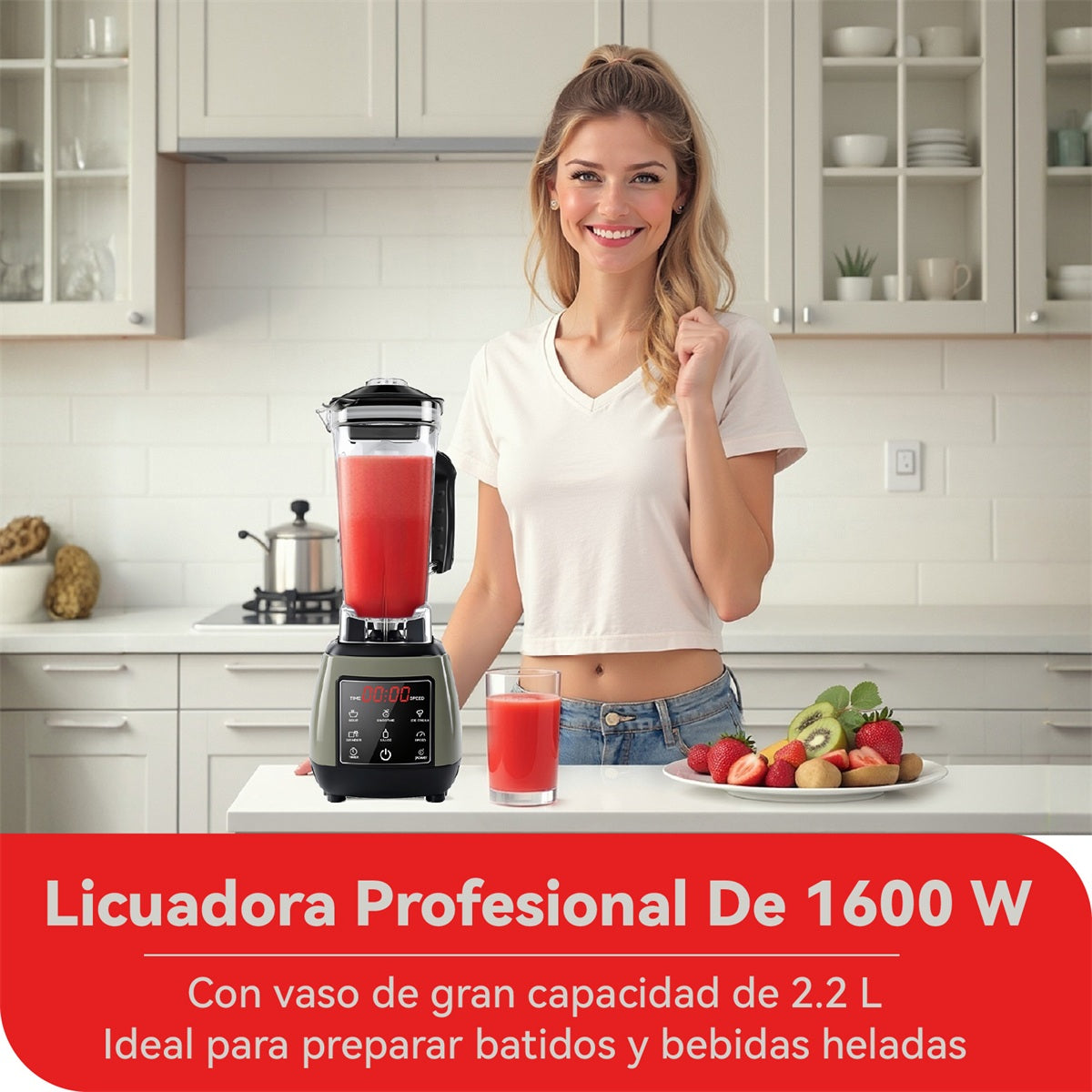 Mera House Licuadora Profesional 1600W 2.2L – Blender Digital Portátil con 6 Programas Auto-iQ, Pantalla Táctil, Tecnología de Pulso, 9 Velocidades, 6 Cuchillas y 2 Vasos – Ideal para Frappe/Smoothies
