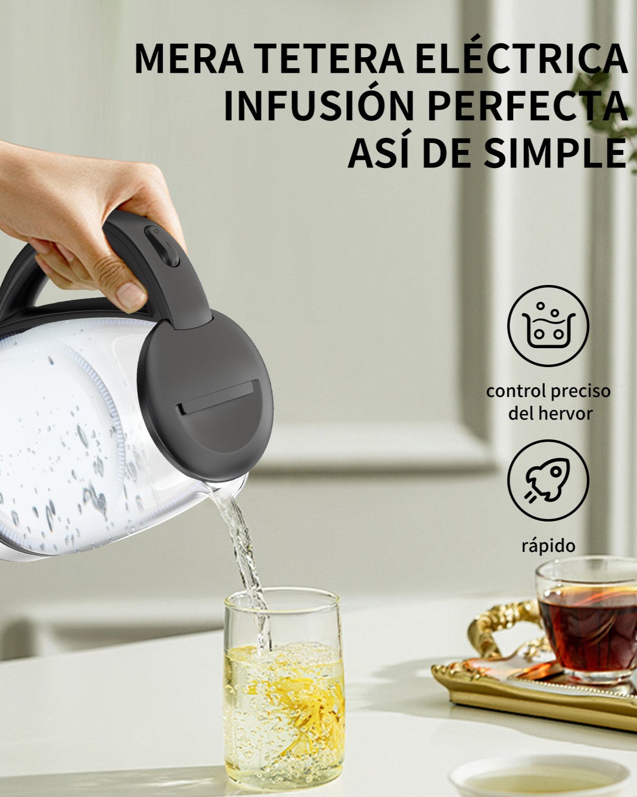 Tetera Eléctrica de Vidrio Mera House 1.8L 1000W con Luz LED, Apagado Automático y Protección Hervido Seco, Ideal para Té, Café, Sopas y Más