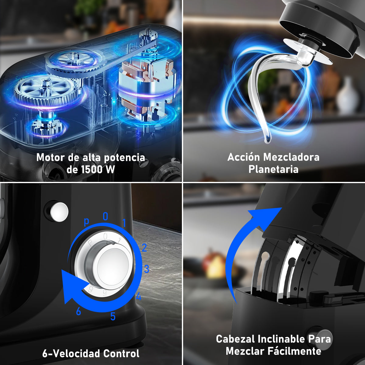 SDYJ6GSW Batidora de Pedestal, negro,6 Velocidades, 1500W, Turbo, Acero Inoxidable, 5 Litros, 3 Accesorios Incluidos