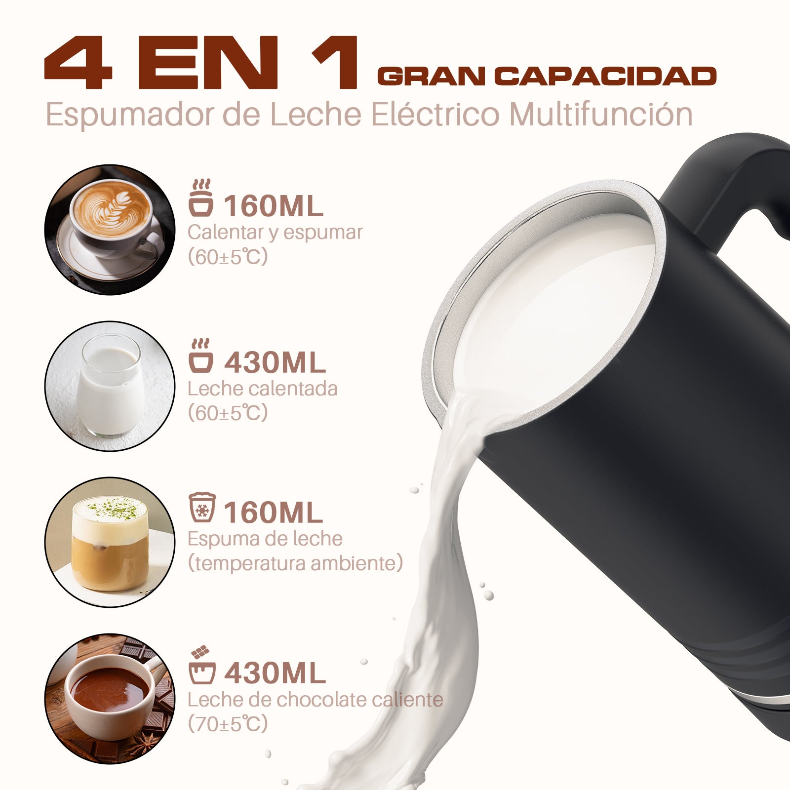 Espumador de Leche Eléctrico Mera House 4 en 1, 600ml 400W,