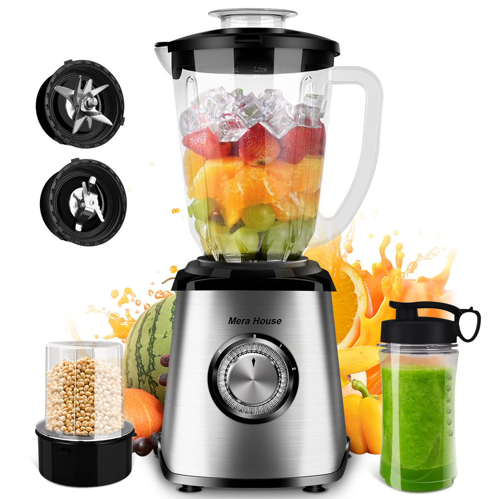 Mera House Licuadora 3 en 1 con vaso de vidrio 2L, 1000W de potencia para licuados y hielo, 3 velocidades, incluye vaso portátil y molino, un electrodoméstico pequeño ideal para tu cocina