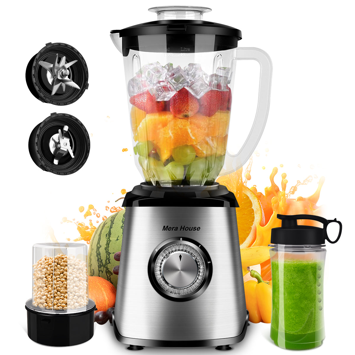 Mera House Licuadora 3 en 1 con vaso de vidrio 2L, 1000W de potencia para licuados y hielo, 3 velocidades, incluye vaso portátil y molino, un electrodoméstico pequeño ideal para tu cocina