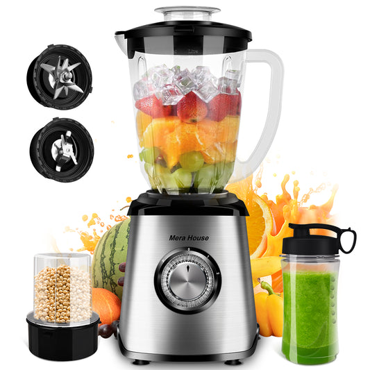 Mera House Licuadora 3 en 1 con vaso de vidrio 2L, 1000W de potencia para licuados y hielo, 3 velocidades, incluye vaso portátil y molino, un electrodoméstico pequeño ideal para tu cocina