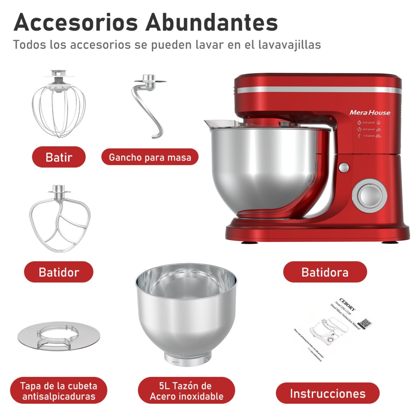 SDYJ6GSW Batidora de Pedestal, rojo,6 Velocidades, 1500W, Turbo, Acero Inoxidable, 5 Litros, 3 Accesorios Incluidos
