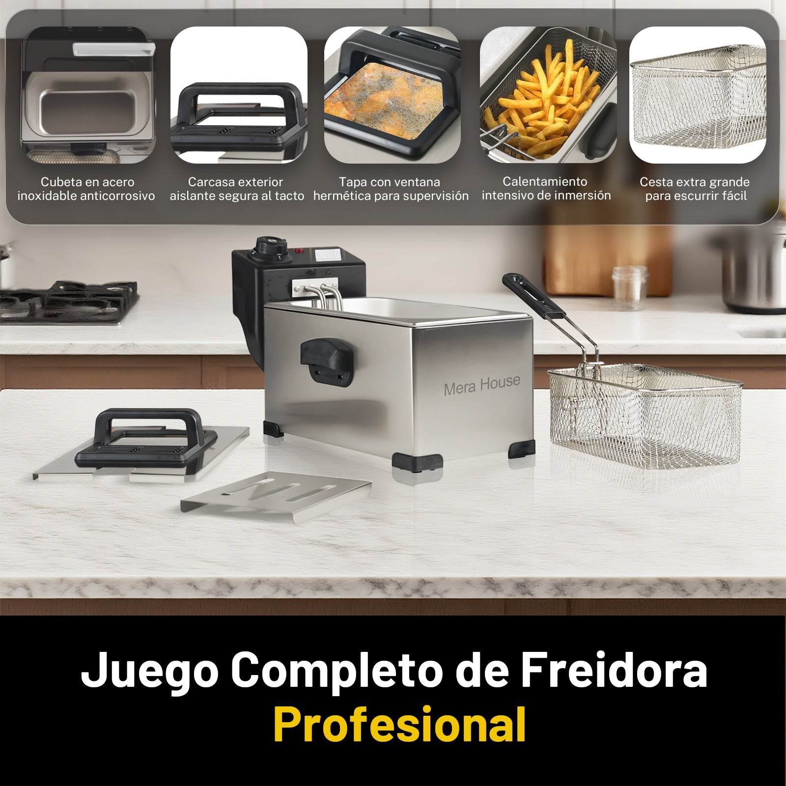 Mera House Freidora de Aceite Eléctrica 3L de Acero Inoxidable, 1400W, con Gran Cesta de Filtro, Temperatura Ajustable 60-200 °C, Freído a Temperatura Constante, Fácil de Limpiar