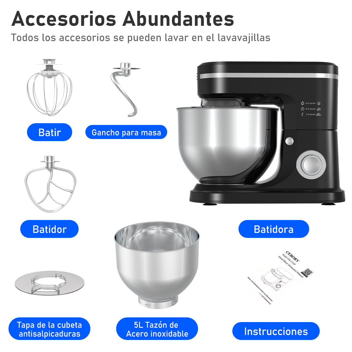 SDYJ6GSW Batidora de Pedestal, negro,6 Velocidades, 1500W, Turbo, Acero Inoxidable, 5 Litros, 3 Accesorios Incluidos