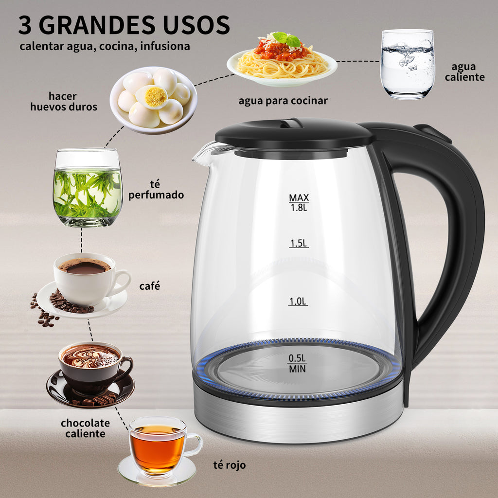 Tetera Eléctrica de Vidrio Mera House 1.8L 1000W con Luz LED, Apagado Automático y Protección Hervido Seco, Ideal para Té, Café, Sopas y Más