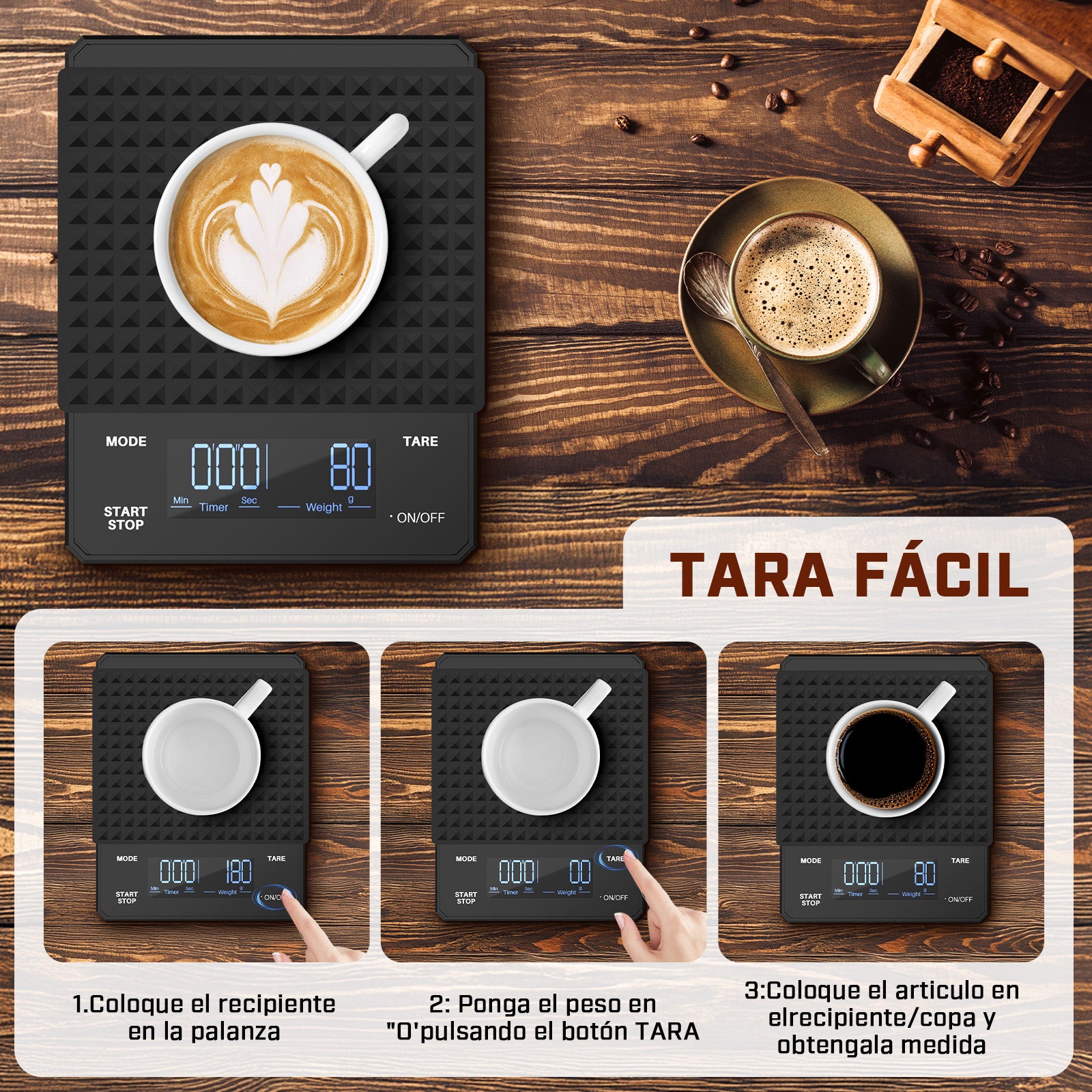 Mera House Báscula de Café Digital, Alta Precisión 3 kg/0,1 g, USB Recargable, Pantalla LED con Temporizador, Unidades g, oz, ml, Báscula para Café, Cocina y Hornear