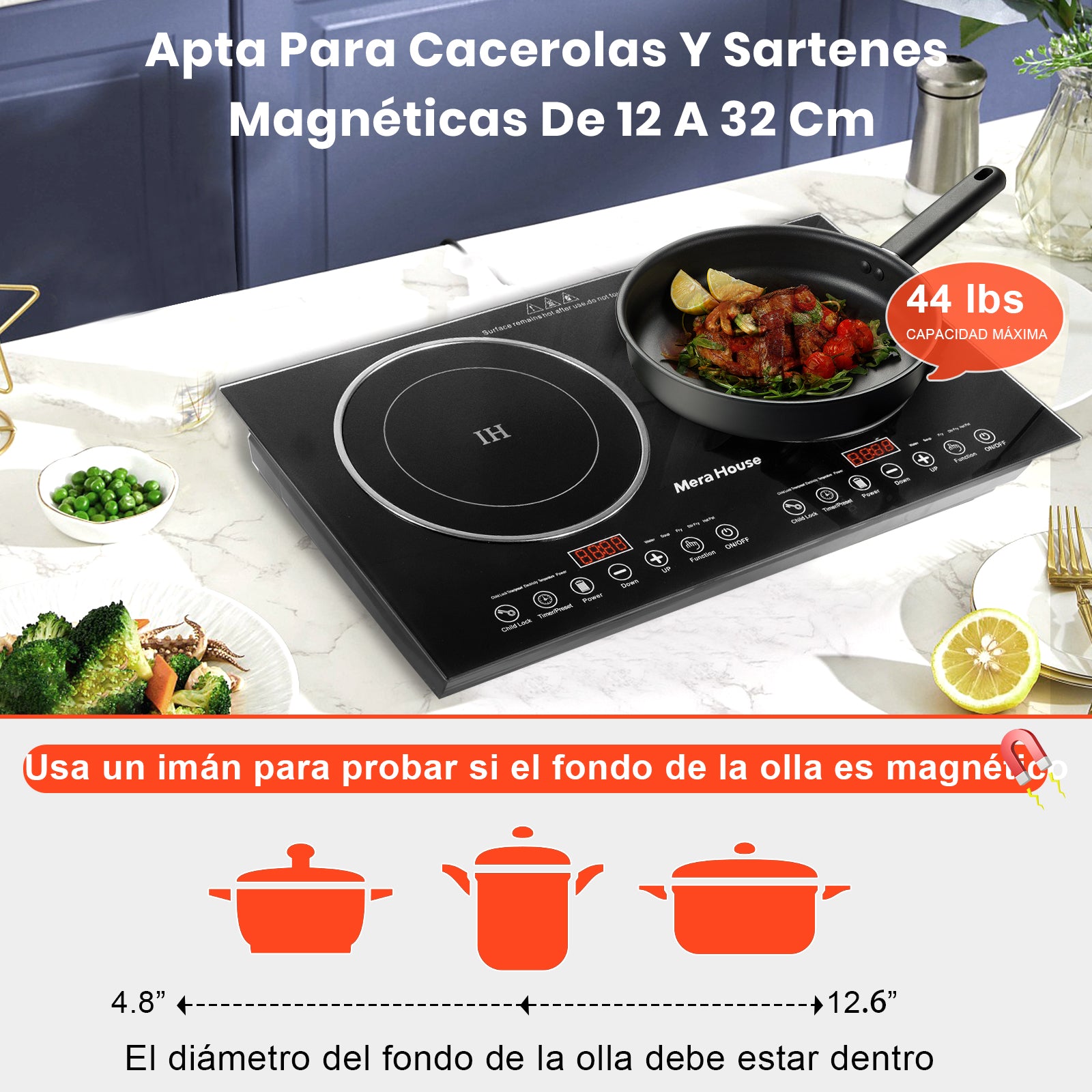 Mera House Parrilla de Inducción 2 Quemadores 2200W, Estufa de Inducción con 10 Niveles + 10 Programas Táctiles, Panel de Vidrio Microcristalino Negro Antiarañazos, Fácil Limpieza