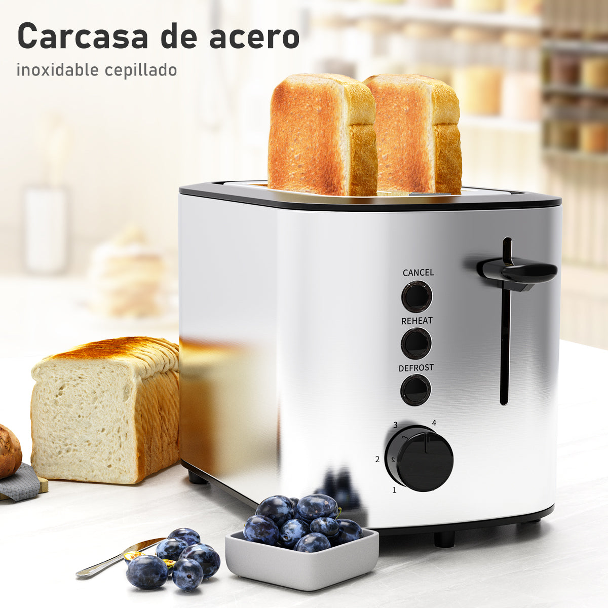 Tostador de Pan Mera House para 2 Rebanadas, Acero Inoxidable con Ranuras Extra Anchas, 6 Niveles de Tostado, Descongelar, Recalentar y Bandeja para Migas